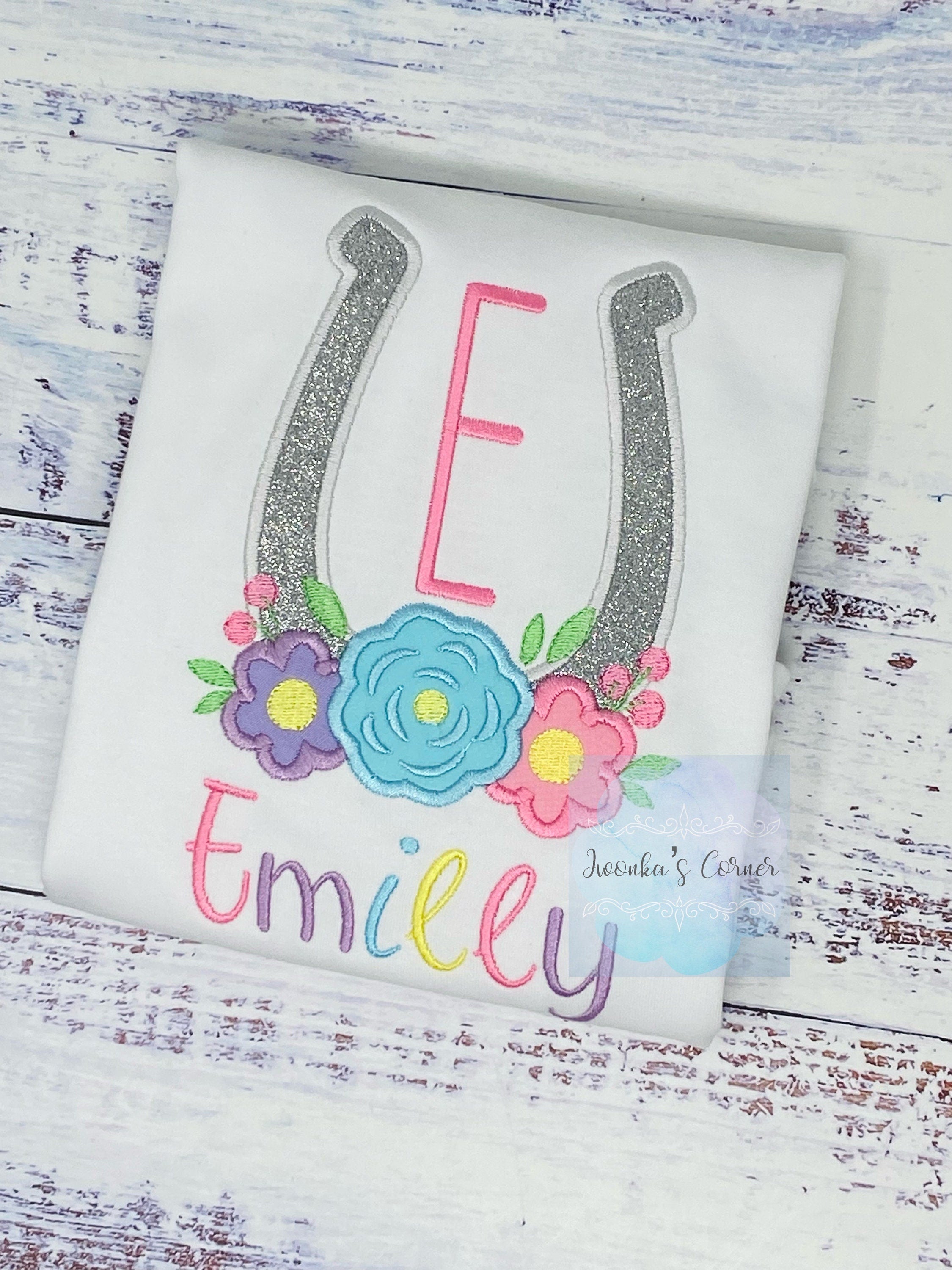 Girl Shirt With horseshoe, Horse lover gift, Monogram Tee with Lucky horse shoe,Shirt with flowers, Horse Embroidery Birthday gift