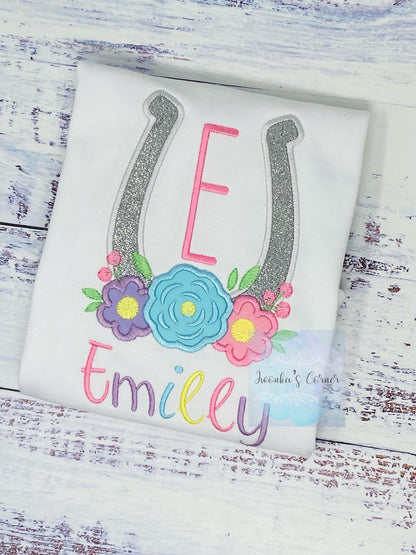 Girl Shirt With horseshoe, Horse lover gift, Monogram Tee with Lucky horse shoe,Shirt with flowers, Horse Embroidery Birthday gift
