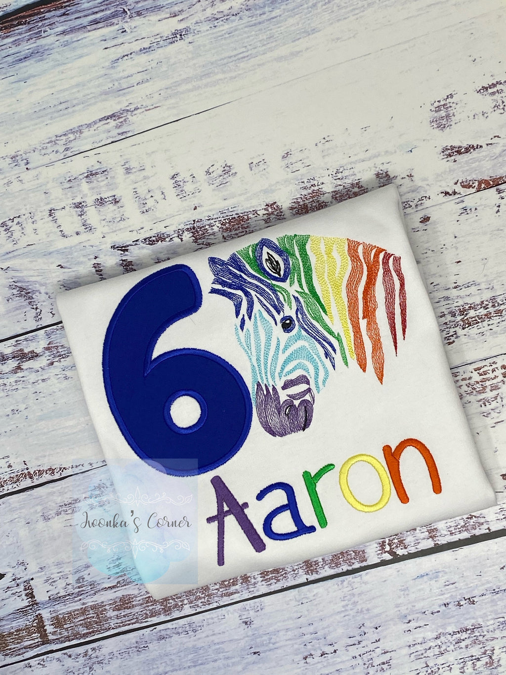 Boy 6th birthday rainbow zebra shirt, Embroidered Safari zebra t-shirt, Colorful rainbow zebra, Any age birthday tee