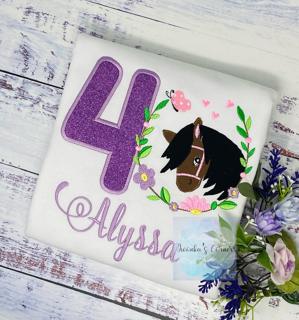 Girl 4th Birthday Shirt With Bay Brown Horse, Birthday Tee with Ponny, 4th, 6th 7th Horse Embroidery T-Shirt, Any Age, Long Mane Hoese.