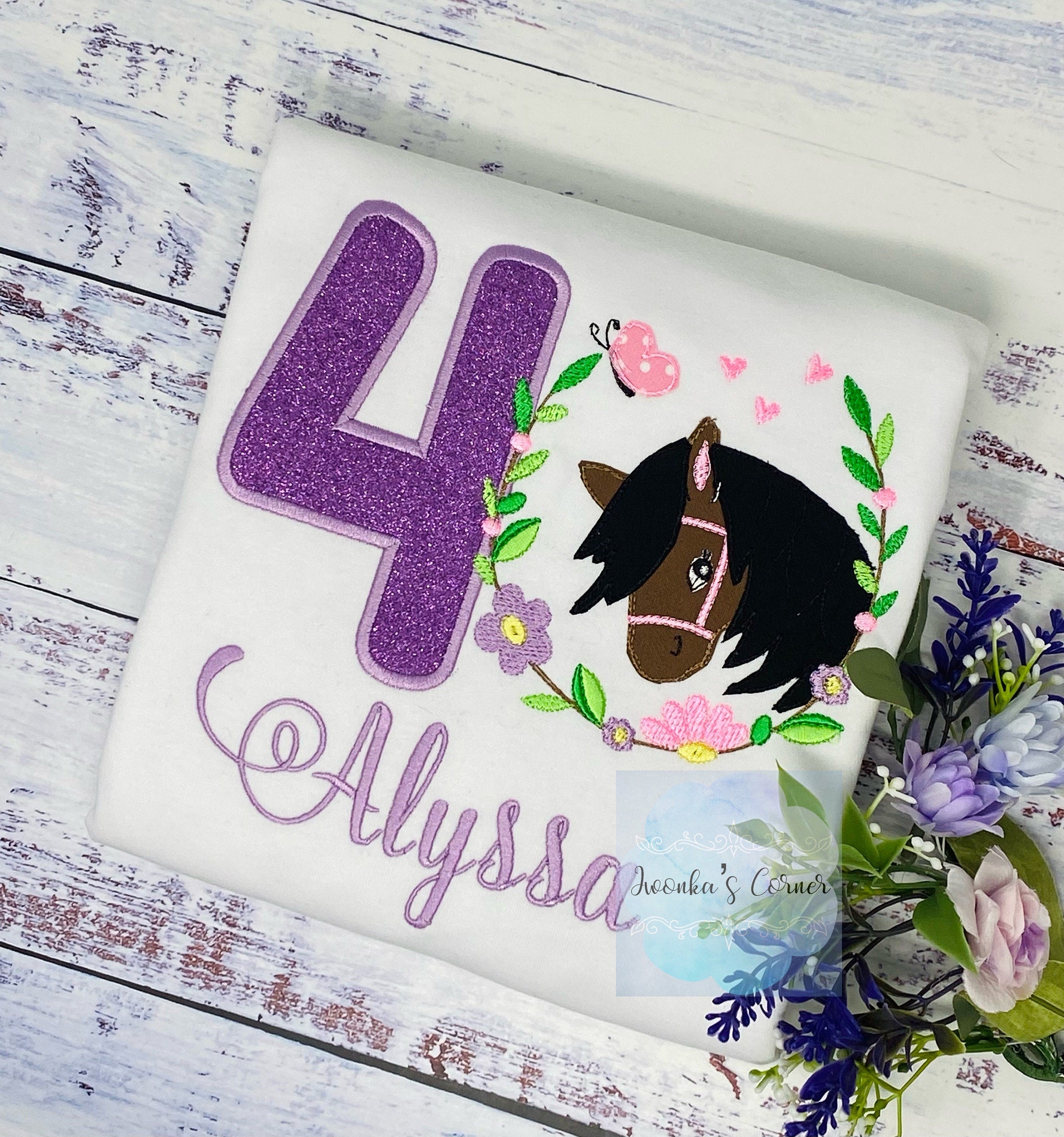 Girl 4th Birthday Shirt With Bay Brown Horse, Birthday Tee with Ponny, 4th, 6th 7th Horse Embroidery T-Shirt, Any Age, Long Mane Hoese.