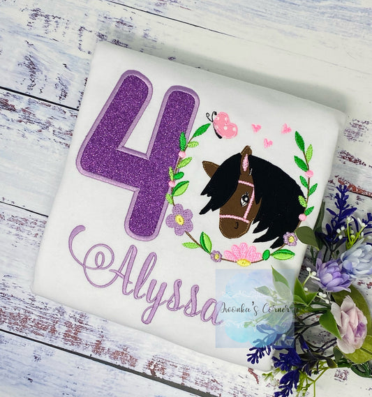 Girl 4th Birthday Shirt With Bay Brown Horse, Birthday Tee with Ponny, 4th, 6th 7th Horse Embroidery T-Shirt, Any Age, Long Mane Hoese.