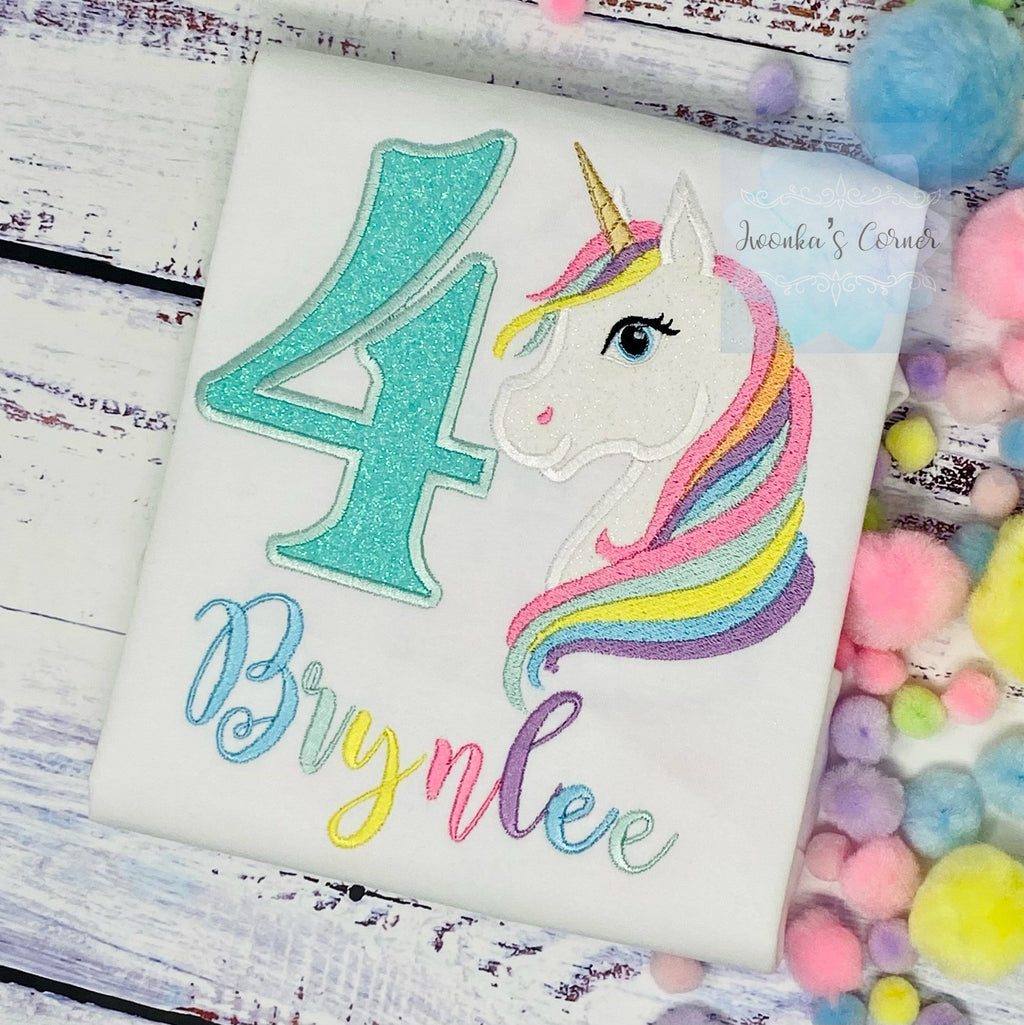4th Birthday Pastel Unicorn Shirt, Girl Rainbow Pastel Unicorn Birthday Outfit, Rainbow Unicorn outfit, Unicorn embroidery, Any age