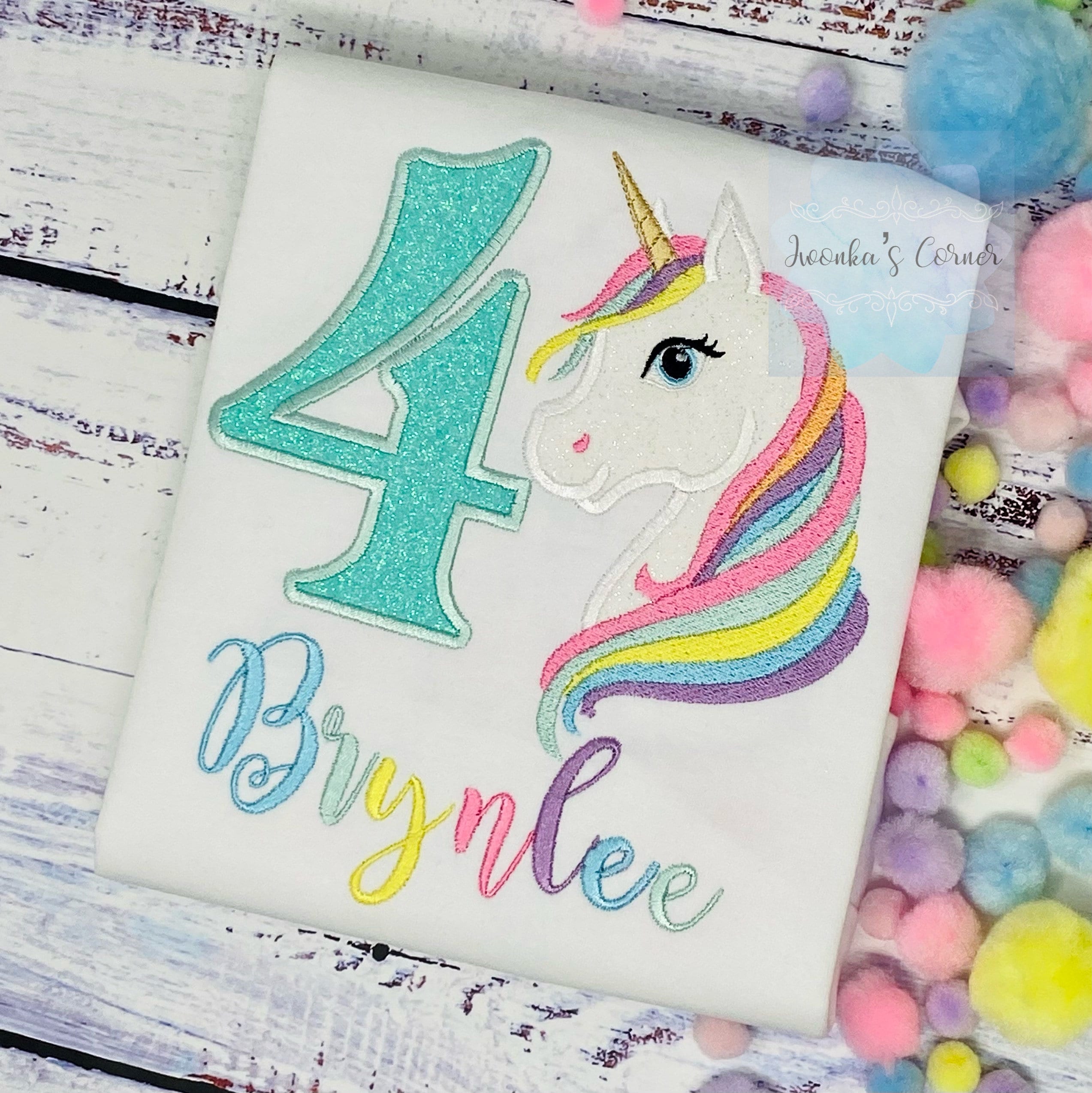 4th Birthday Pastel Unicorn Shirt, Girl Rainbow Pastel Unicorn Birthday Outfit, Rainbow Unicorn outfit, Unicorn embroidery, Any age