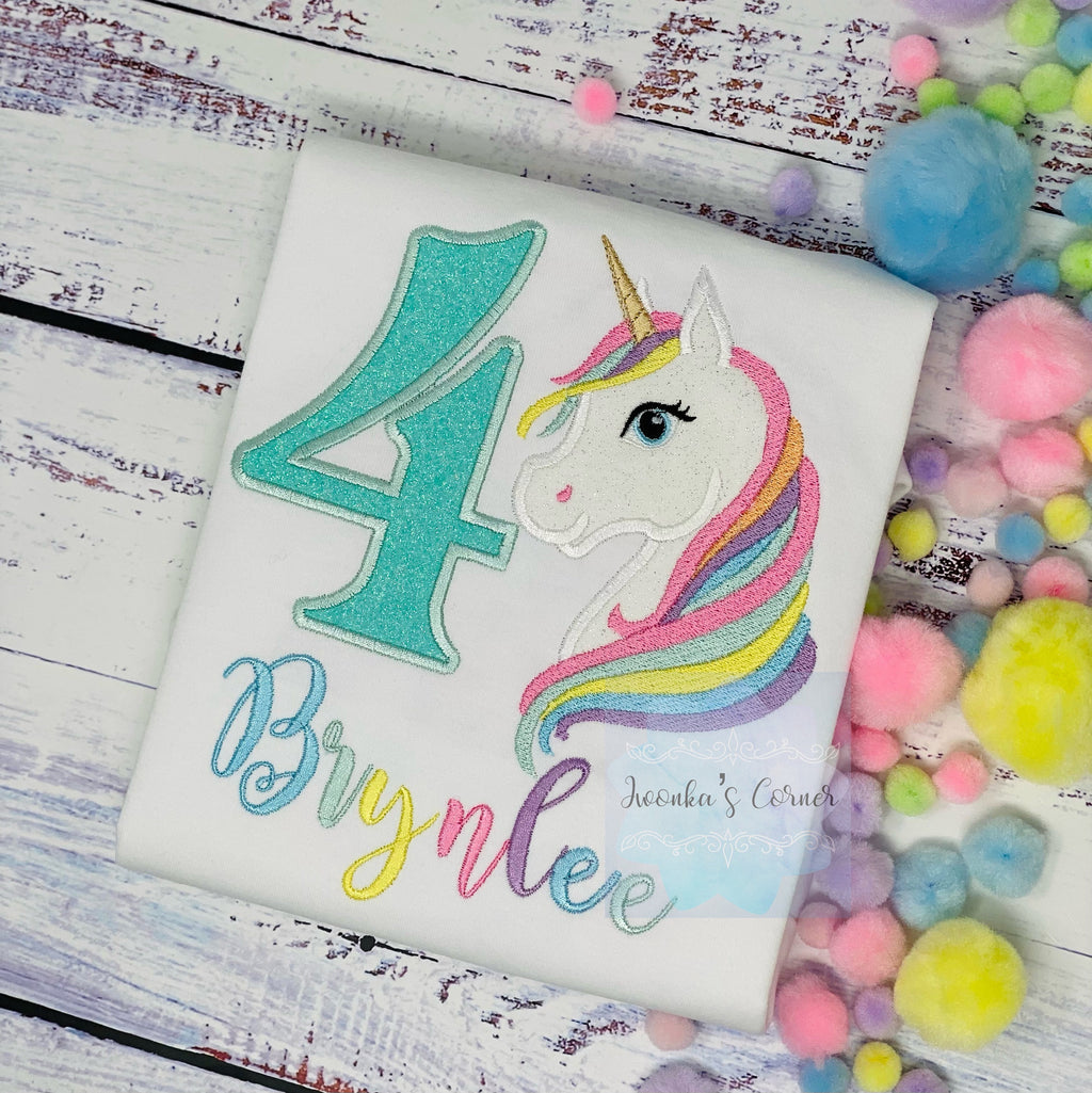 4th Birthday Pastel Unicorn Shirt, Girl Rainbow Pastel Unicorn Birthday Outfit, Rainbow Unicorn outfit, Unicorn embroidery, Any age