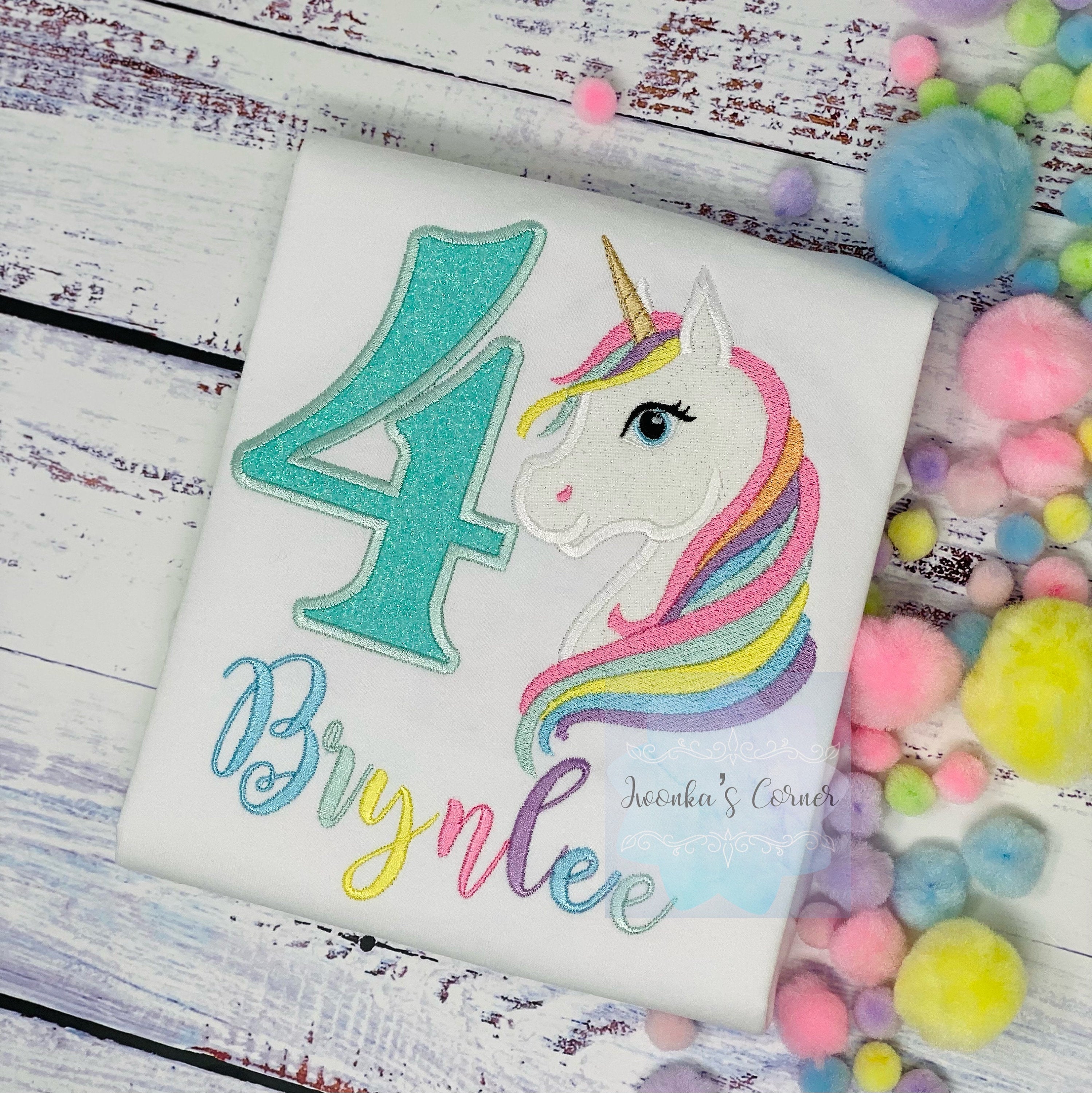4th Birthday Pastel Unicorn Shirt, Girl Rainbow Pastel Unicorn Birthday Outfit, Rainbow Unicorn outfit, Unicorn embroidery, Any age