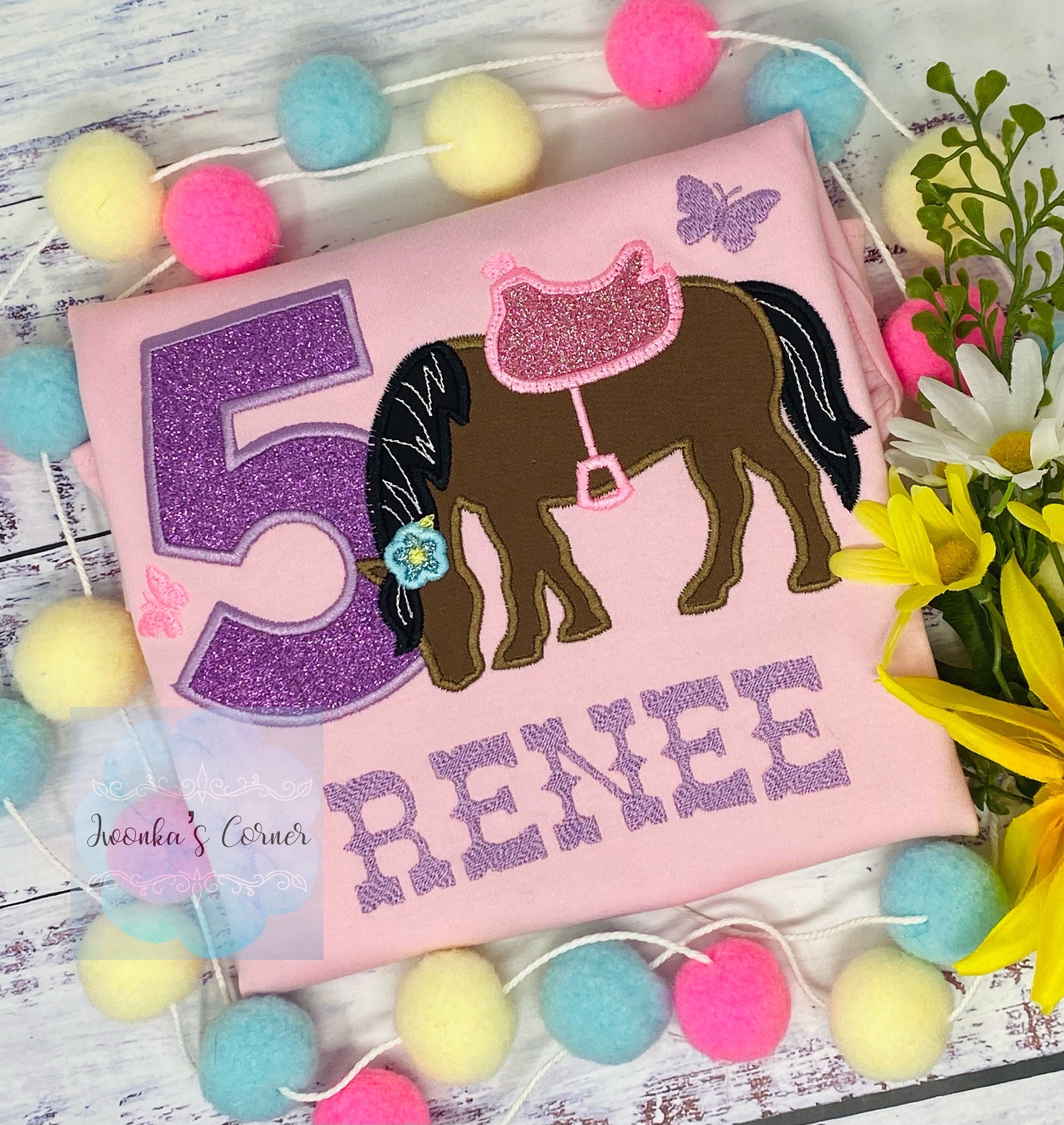Girl 5th Birthday Shirt With Brown Bay Horse, Birthday Shirt with Ponny and Saddle, Horse Embroidery Birthday Shirt