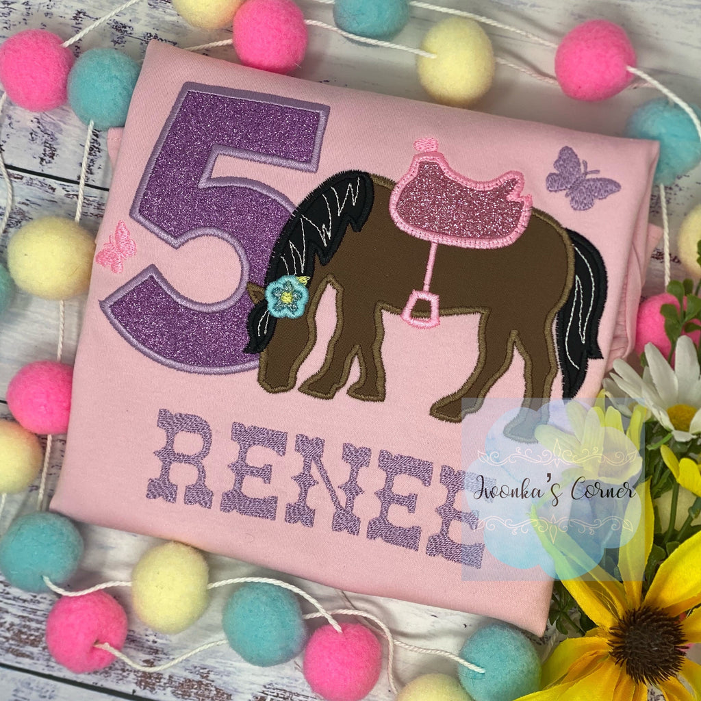 Girl 5th Birthday Shirt With Brown Bay Horse, Birthday Shirt with Ponny and Saddle, Horse Embroidery Birthday Shirt