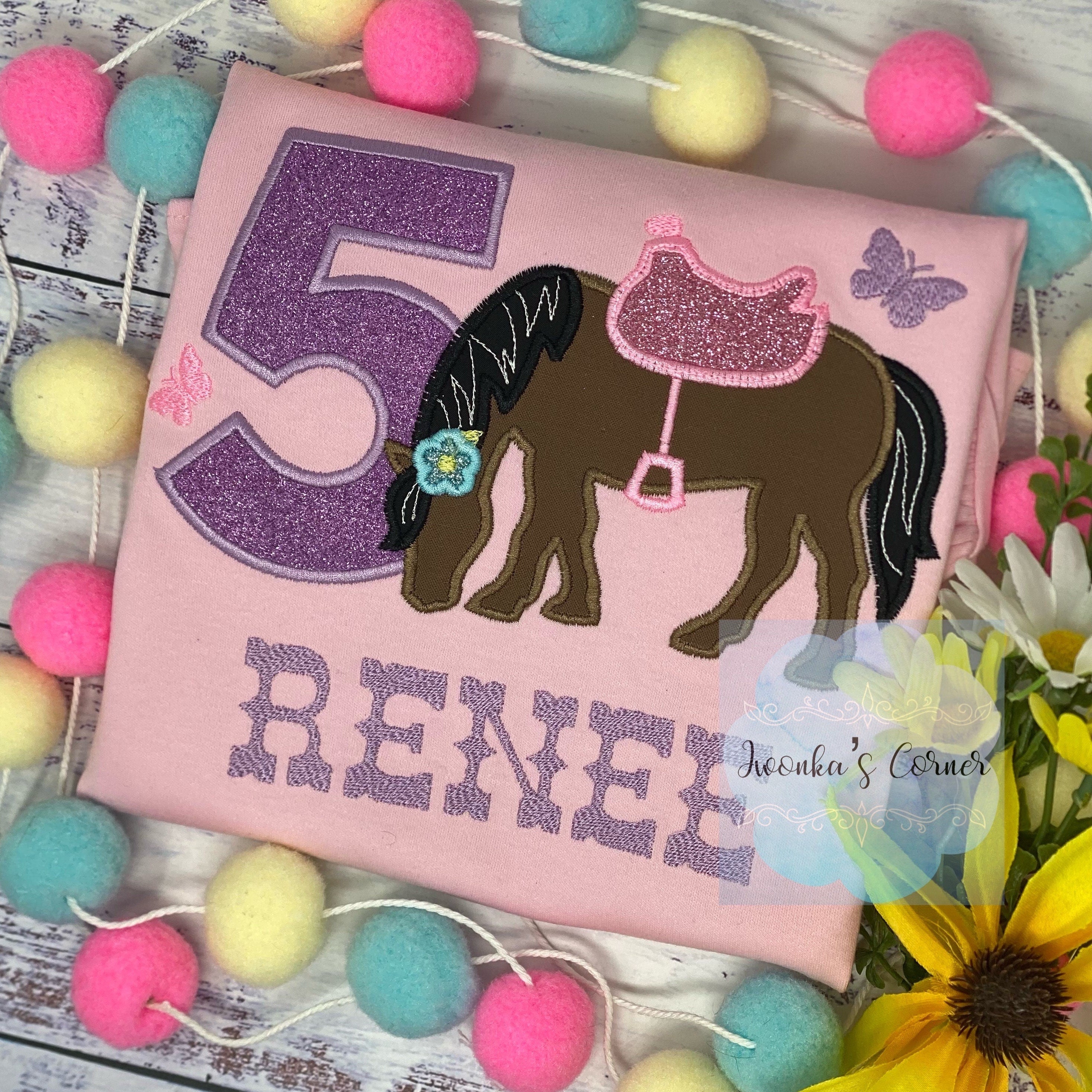 Girl 5th Birthday Shirt With Brown Bay Horse, Birthday Shirt with Ponny and Saddle, Horse Embroidery Birthday Shirt