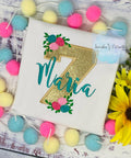 Golden 7th birthday shirt, Gold glitter, Floral birthday shirt, Flower, Roses, Hot pink name , Personalized applique shirt