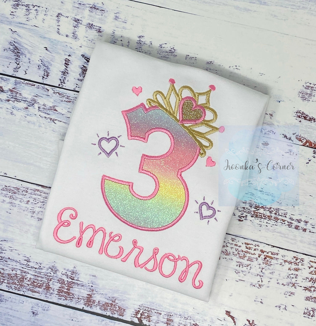 Girl shirt with princess tiara number, Rainbow, ombre birthday shirt, Fun font