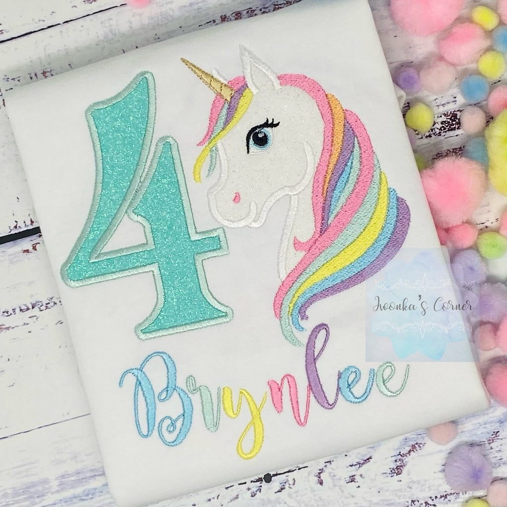 4th Birthday Pastel Unicorn Shirt, Girl Rainbow Pastel Unicorn Birthday Outfit, Rainbow Unicorn outfit, Unicorn embroidery, Any age