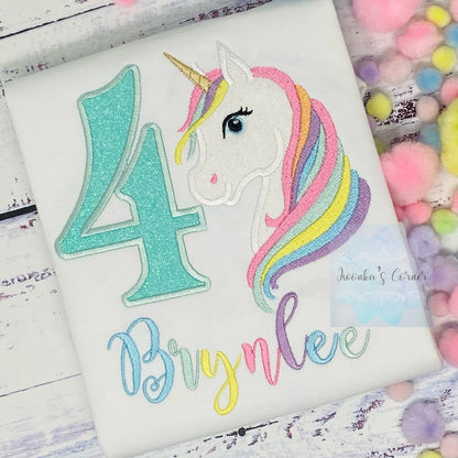 4th Birthday Pastel Unicorn Shirt, Girl Rainbow Pastel Unicorn Birthday Outfit, Rainbow Unicorn outfit, Unicorn embroidery, Any age