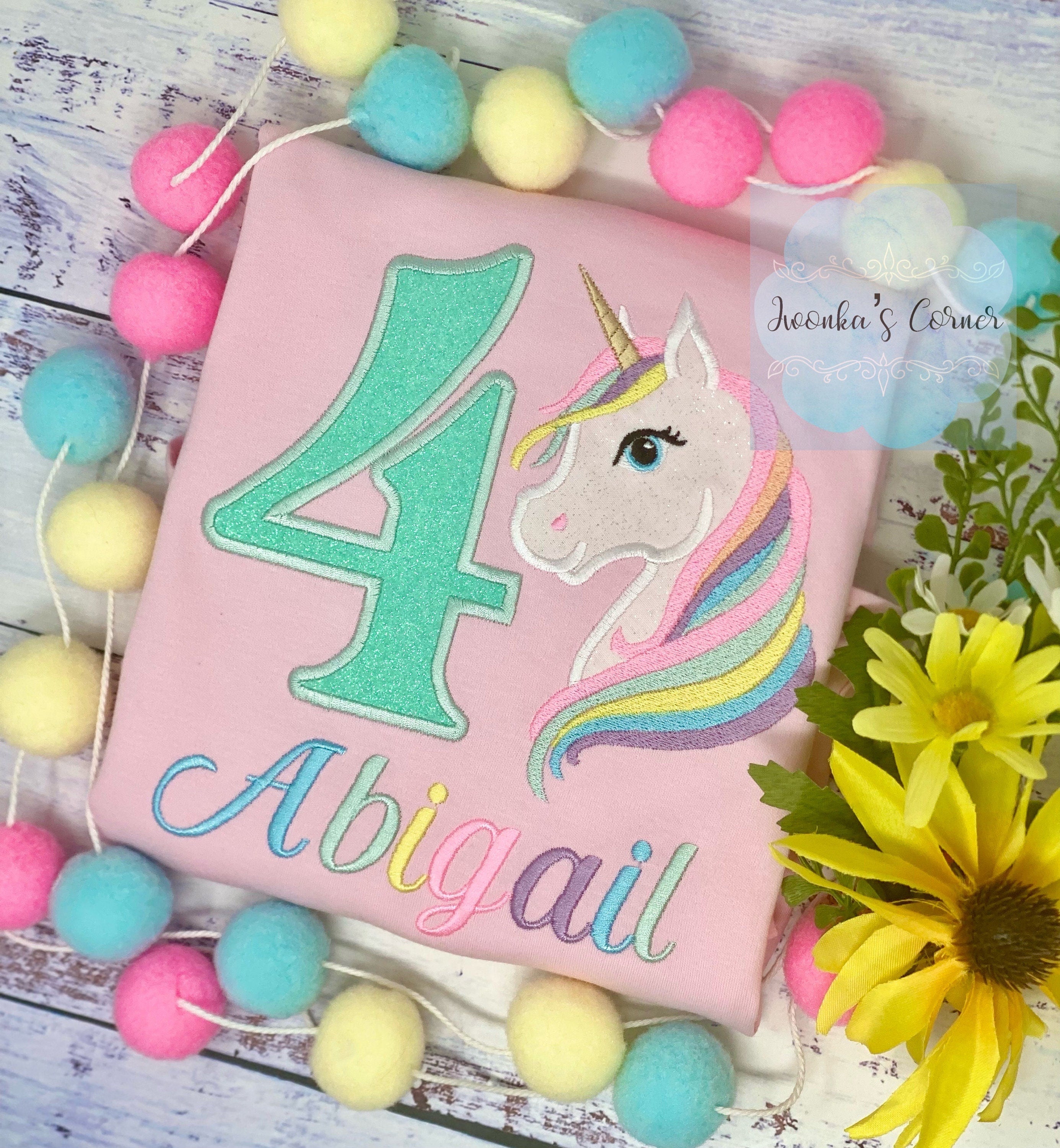 4th Birthday Pastel Unicorn Shirt, Girl Rainbow Pastel Unicorn Birthday Outfit, Rainbow Unicorn outfit, Unicorn embroidery, Any age