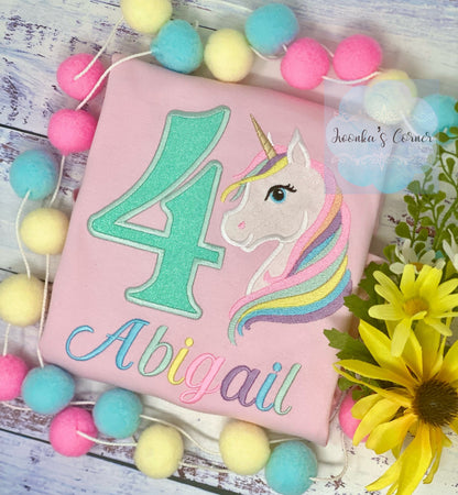 4th Birthday Pastel Unicorn Shirt, Girl Rainbow Pastel Unicorn Birthday Outfit, Rainbow Unicorn outfit, Unicorn embroidery, Any age
