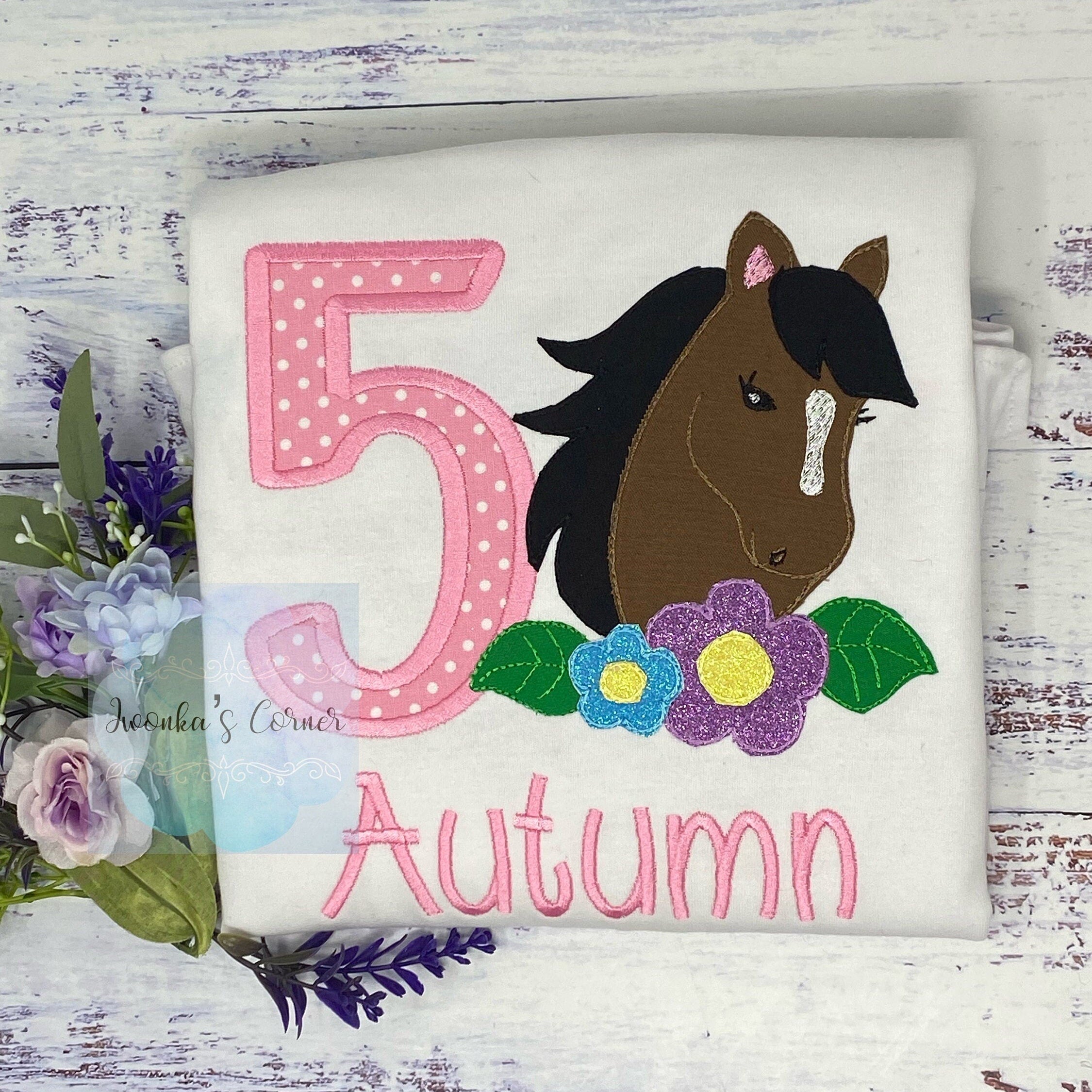 Girl 5th Birthday Shirt With Bay Brown Horse, Birthday Tee with Ponny, 4th, 6th 7th Horse Embroidery T-Shirt, Any Age, Long Mane Hoese.