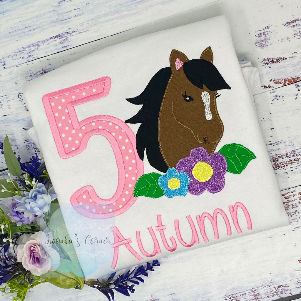 Girl 5th Birthday Shirt With Bay Brown Horse, Birthday Tee with Ponny, 4th, 6th 7th Horse Embroidery T-Shirt, Any Age, Long Mane Hoese.