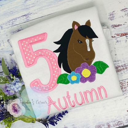 Girl 5th Birthday Shirt With Bay Brown Horse, Birthday Tee with Ponny, 4th, 6th 7th Horse Embroidery T-Shirt, Any Age, Long Mane Hoese.