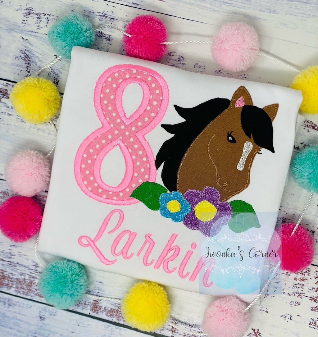 Girl 8th Birthday Shirt With Bay Brown Horse, Birthday Tee with Ponny, 4th, 6th 7th Horse Embroidery T-Shirt, Any Age, Long Mane Hoese.