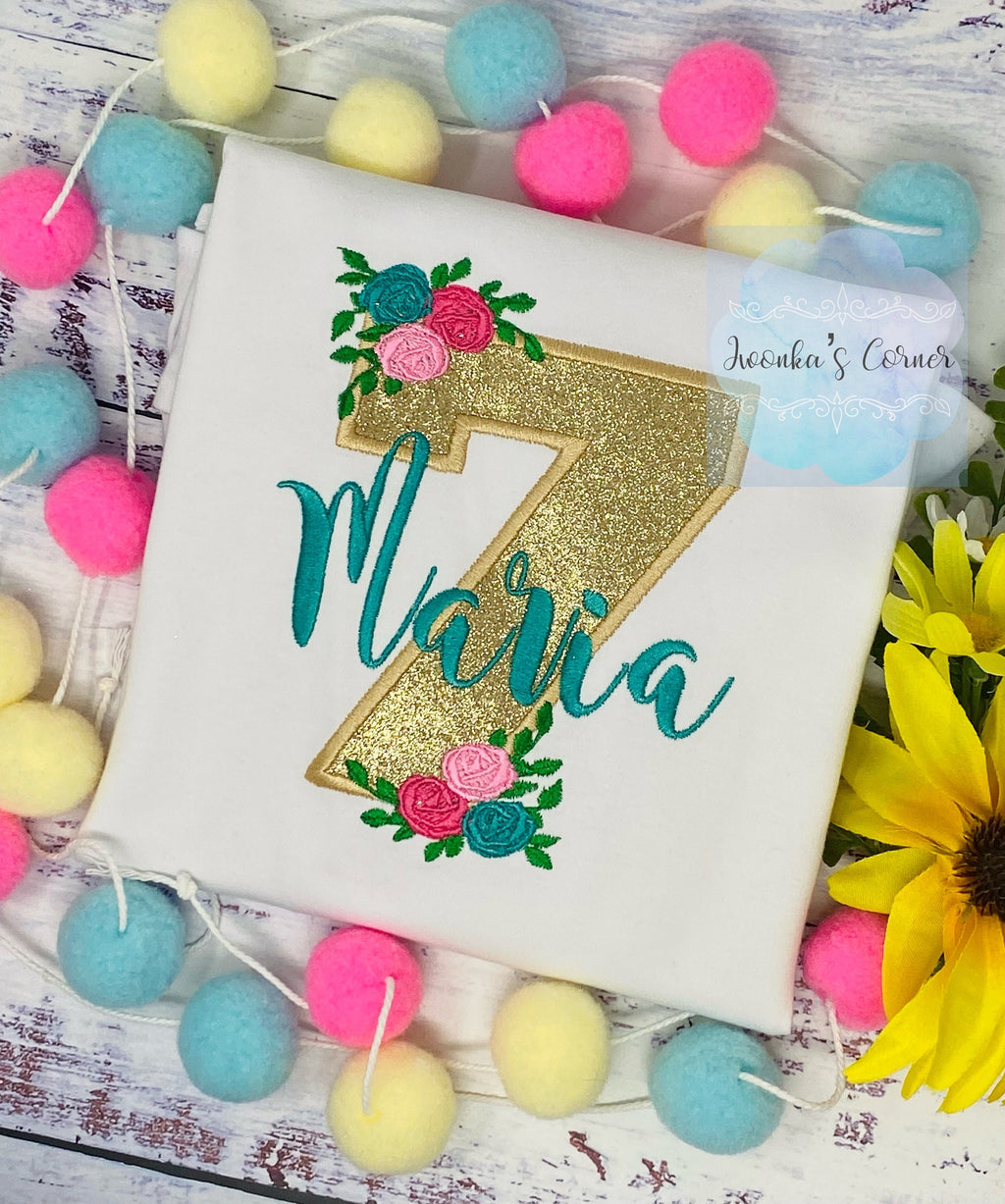 Golden 7th birthday shirt, Gold glitter, Floral birthday shirt, Flower, Roses, Hot pink name , Personalized applique shirt