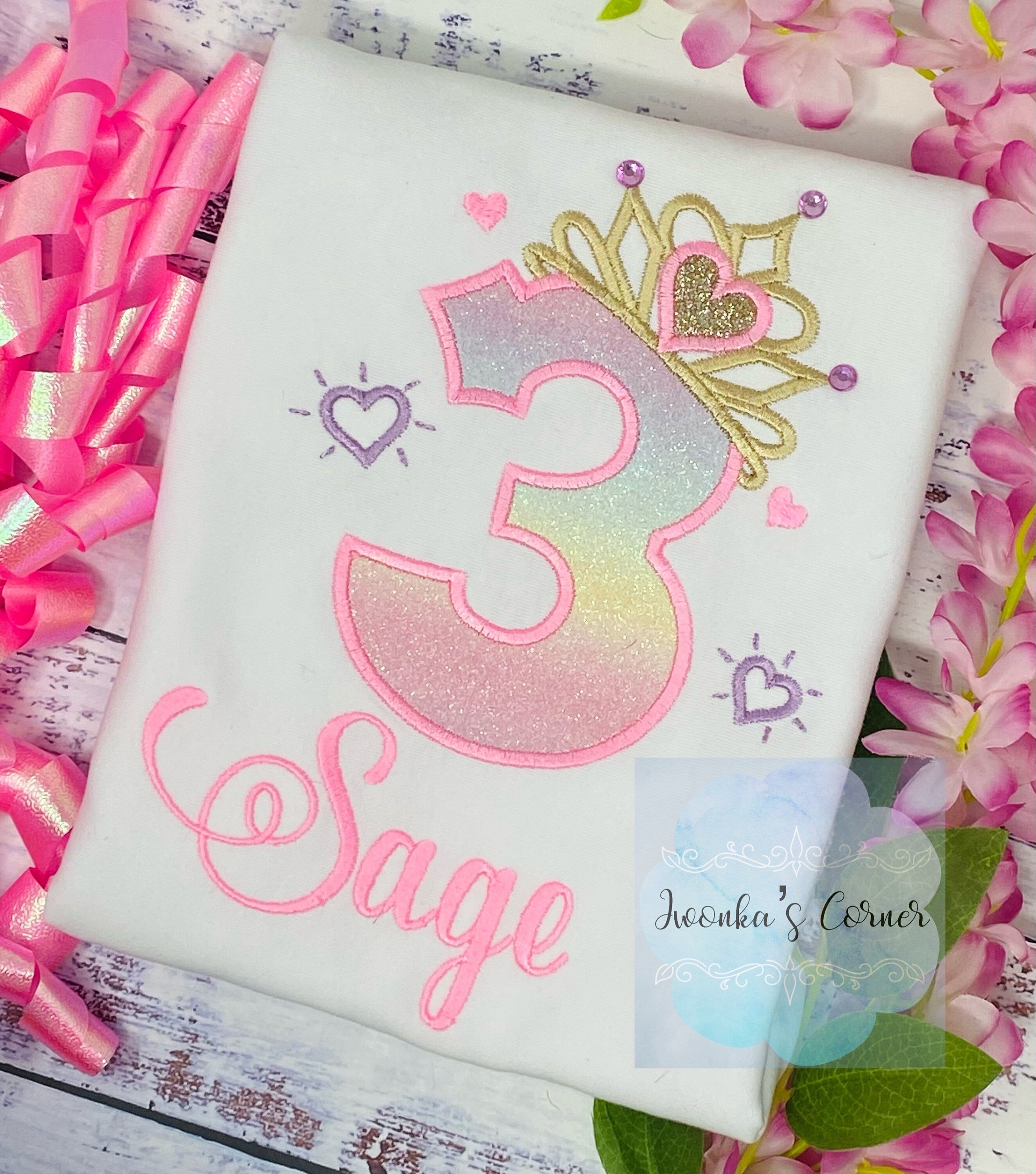 Girl 3rd birthday embroidery shirt with princess rhinestone tiara number, Rainbow birthday shirt, Birthday tee with sparkly pink stones