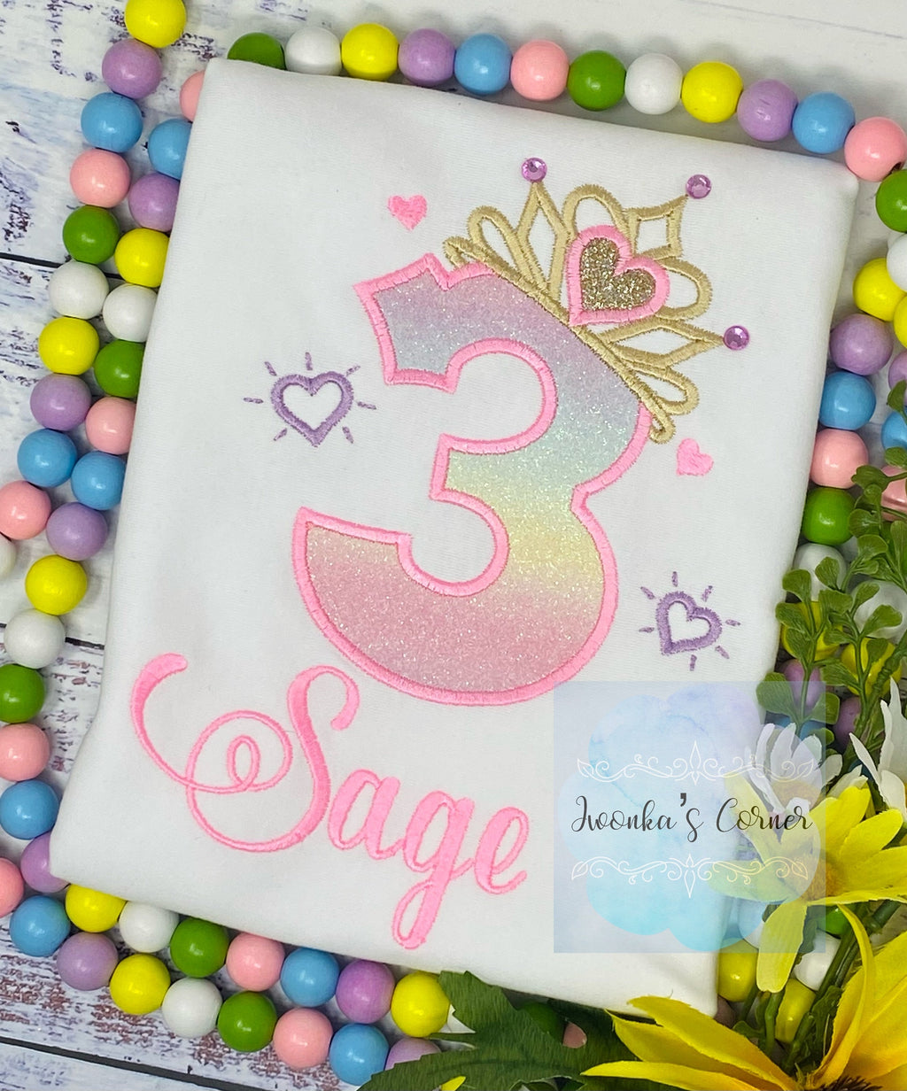 Girl 3rd rhinestones birthday embroidery shirt with princess rhinestone tiara number, Rainbow, ombre birthday shirt, Any age birthday tee
