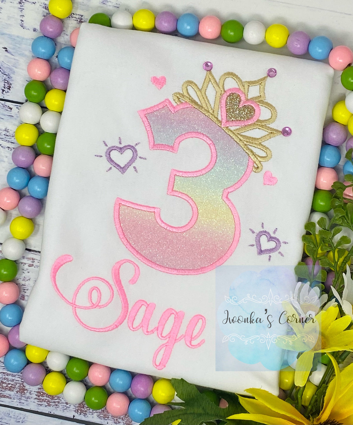 Girl 3rd rhinestones birthday embroidery shirt with princess rhinestone tiara number, Rainbow, ombre birthday shirt, Any age birthday tee