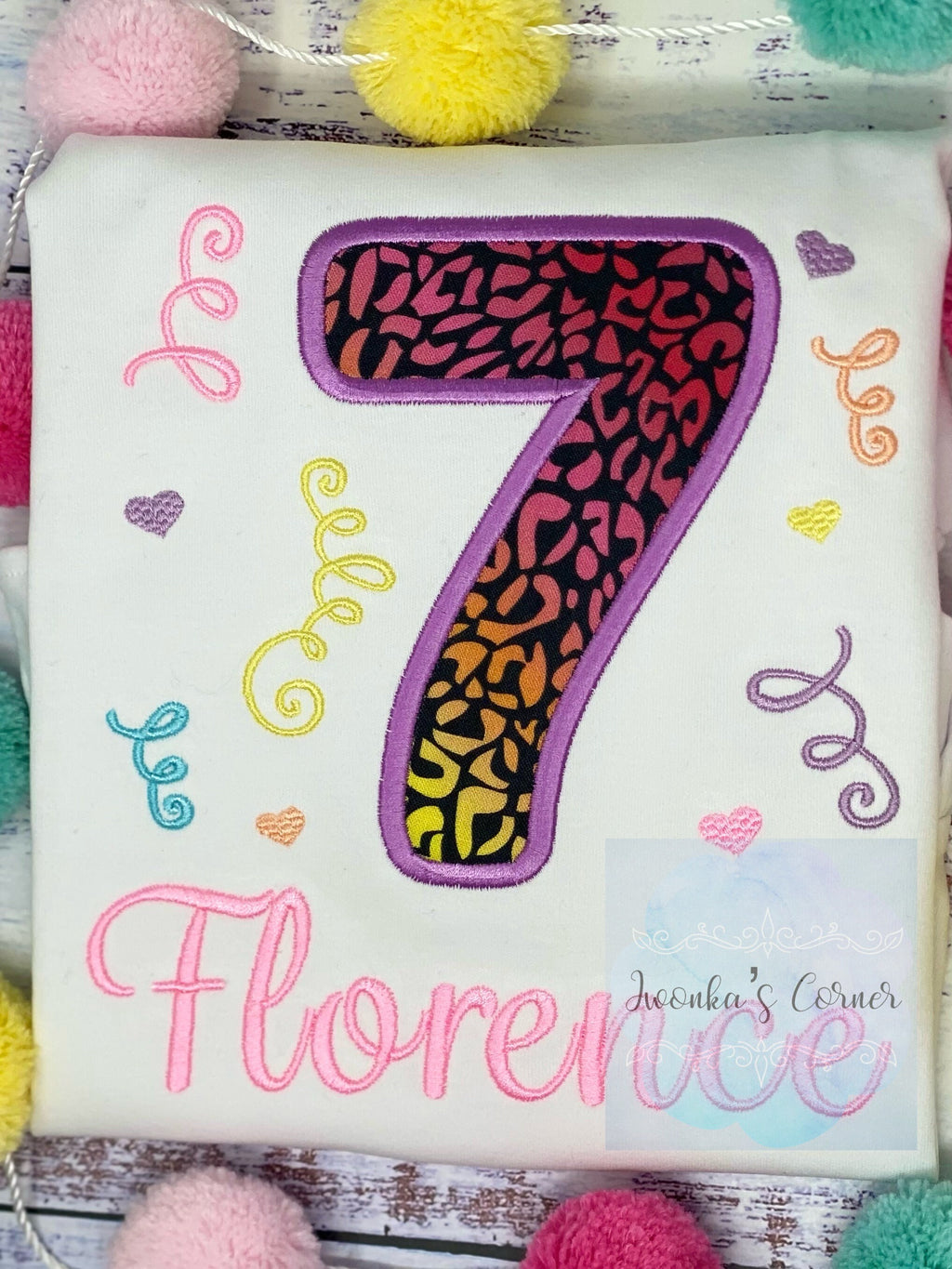Girl 7th birthday shirt with rainbow cheetah print and number, Rainbow Cheetah embroidery, Leopard print birthday shirt, Made for any age