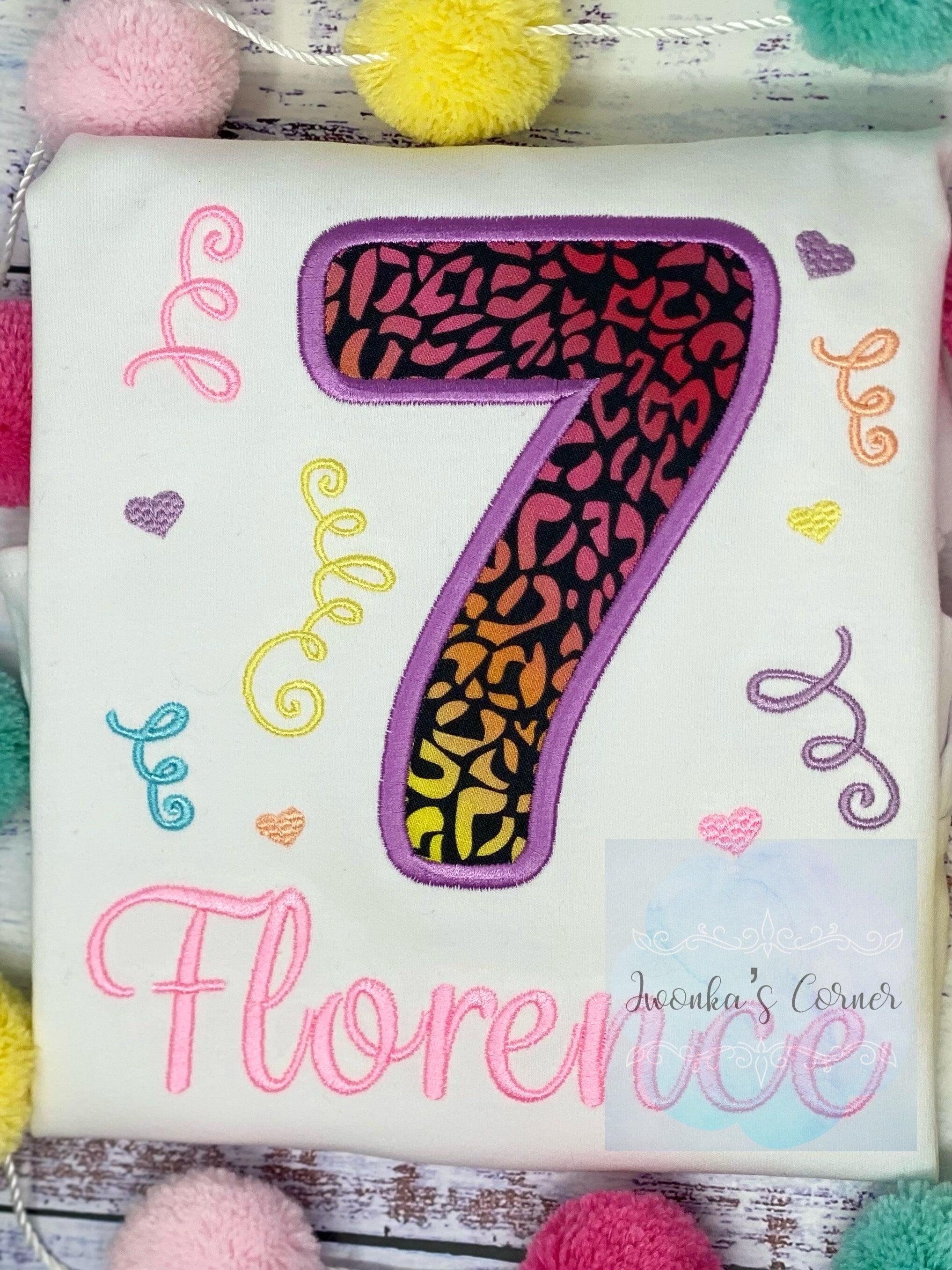 Girl 7th birthday shirt with rainbow cheetah print and number, Rainbow Cheetah embroidery, Leopard print birthday shirt, Made for any age