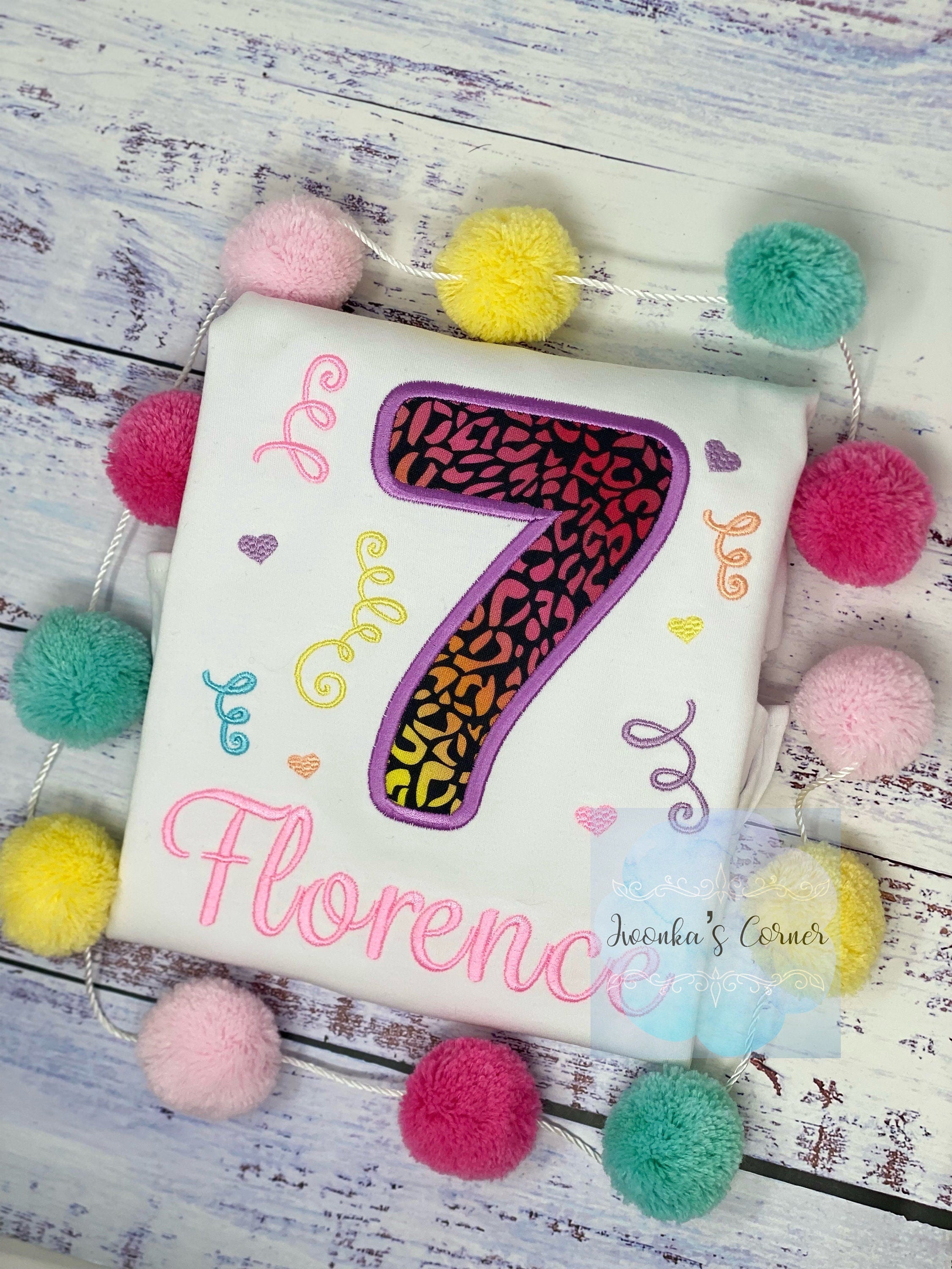 Girl 7th birthday shirt with rainbow cheetah print and number, Rainbow Cheetah embroidery, Leopard print birthday shirt, Made for any age