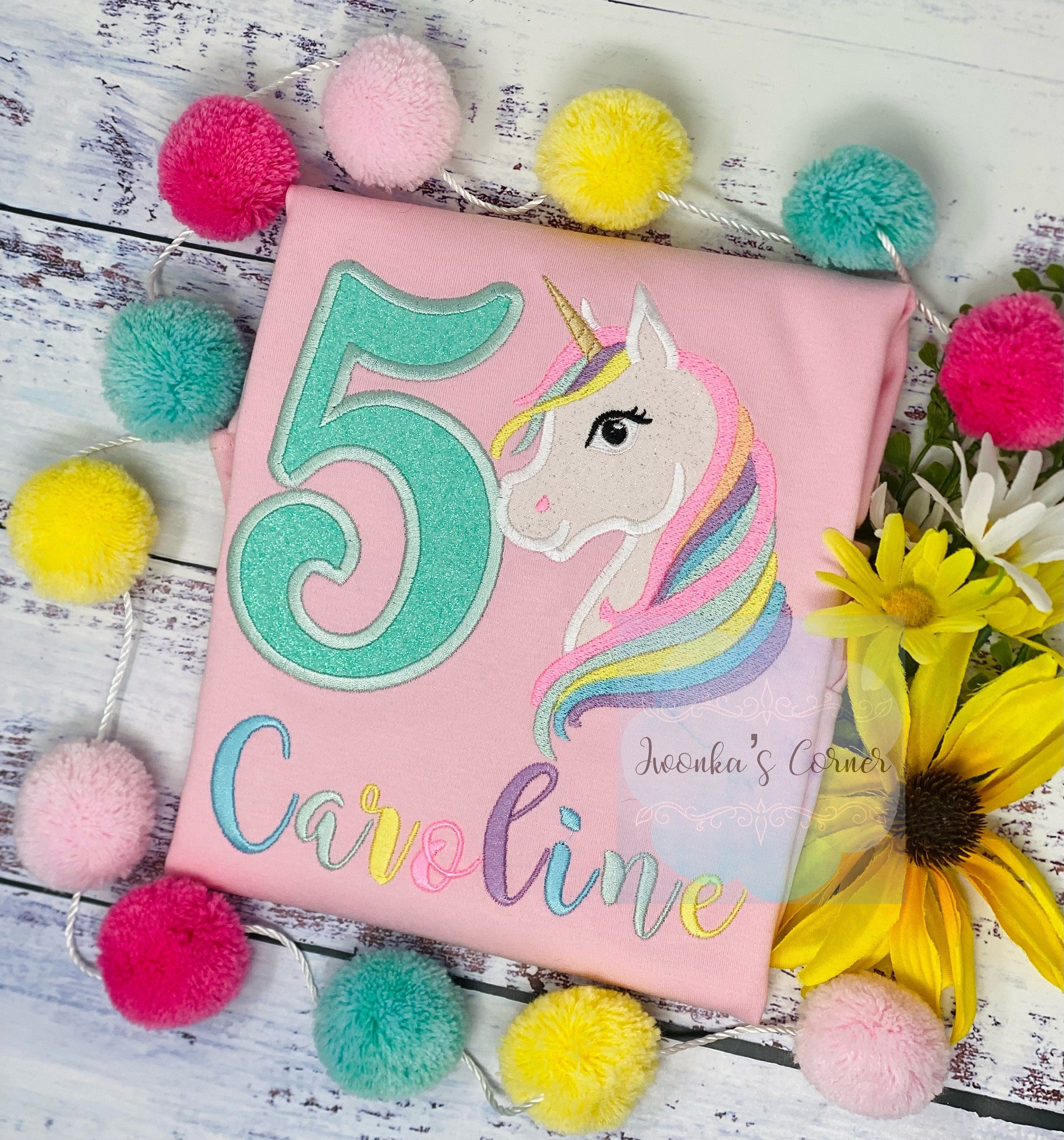 5th Birthday Pastel Unicorn Shirt, Girl Rainbow Pastel Unicorn Birthday Outfit, Rainbow Unicorn outfit, Unicorn embroidery, Any age
