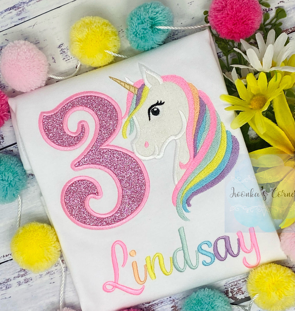 3rd Birthday Pastel Unicorn Shirt, Girl Rainbow Pastel Unicorn Birthday Outfit, Rainbow Unicorn outfit, Unicorn embroidery, Any age
