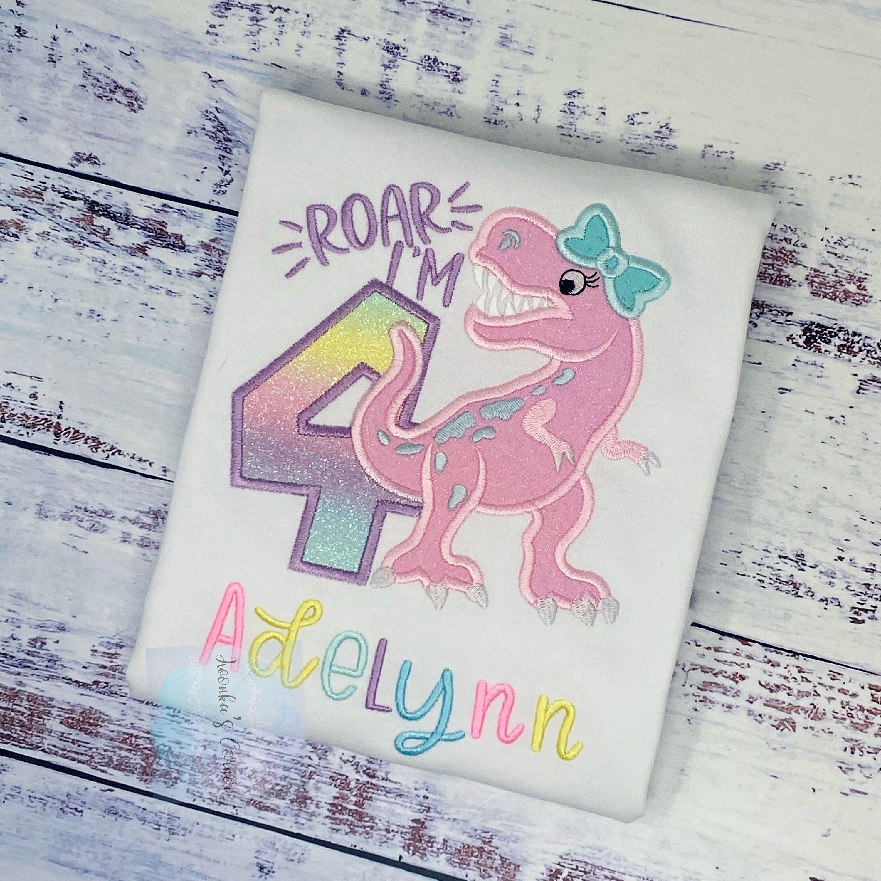 Girl 4th birthday T Rex embroidery shirt, Dinosaur themed shirt, Pink dinosaur embroidery, Dino Customized shirt for Any age