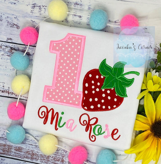 Girl 1st birthday shirt with strawberry, Berry birthday, Pink Polka dot number, Red strawberry tee, Any age