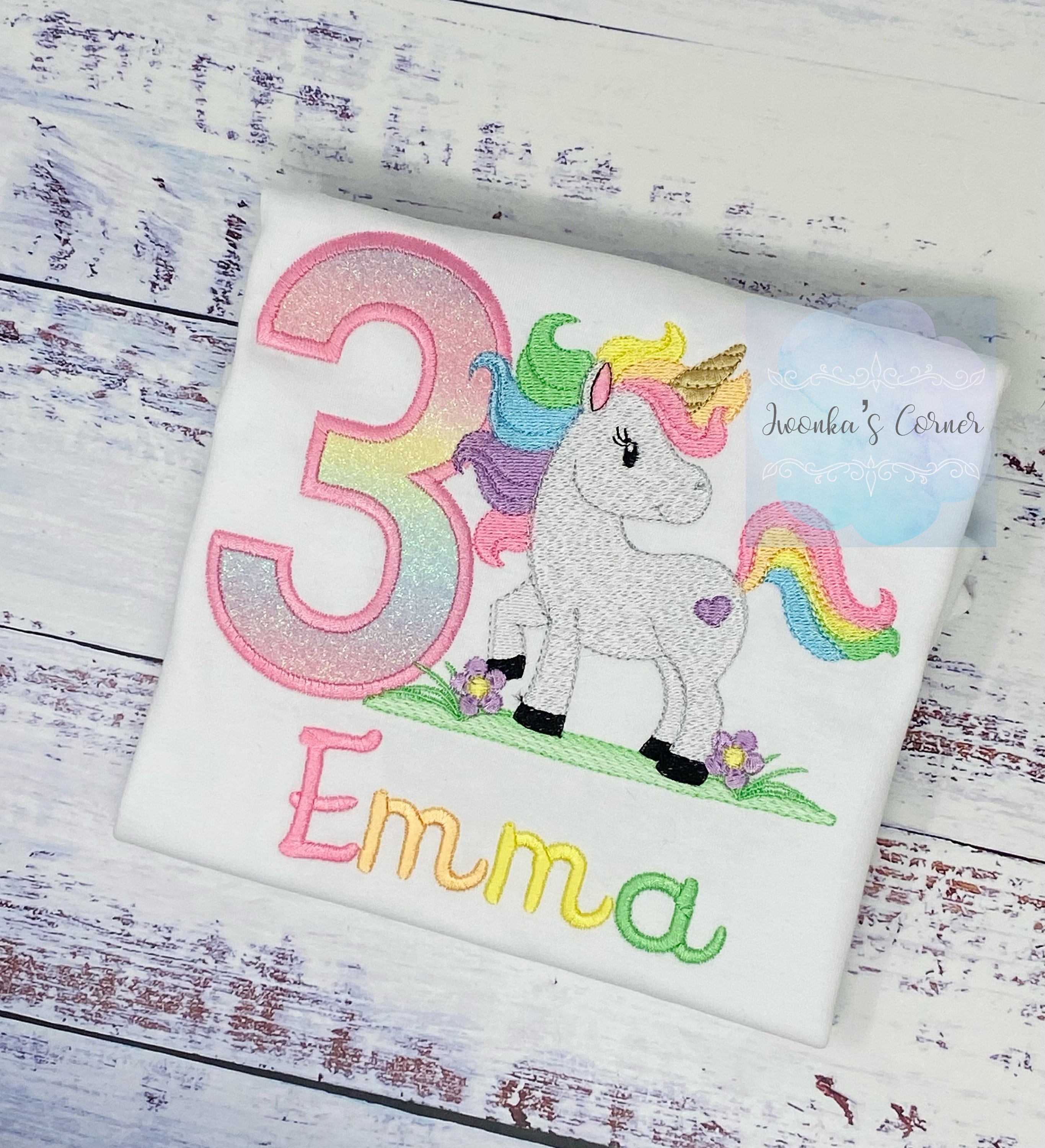 3rd Birthday Pastel Filled Stitch Unicorn Shirt, Girl Rainbow Pastel Unicorn Birthday, Gold Horn Uni Gift, Rainbow Unicorn, Any age