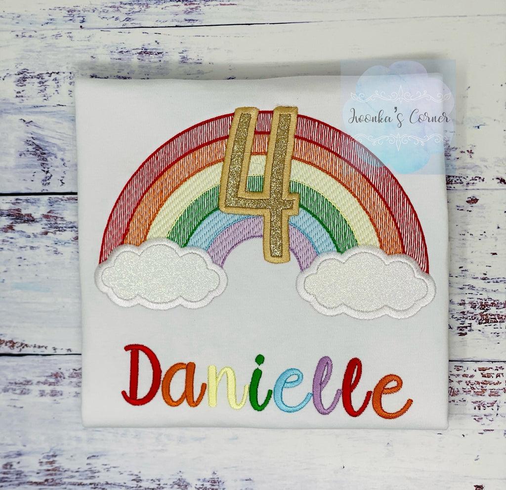 4th birthday sketch rainbow embroidery tee for a girl, Rainbow birthday outfit, Over the rainbow party, 6th birthday party rainbow theme