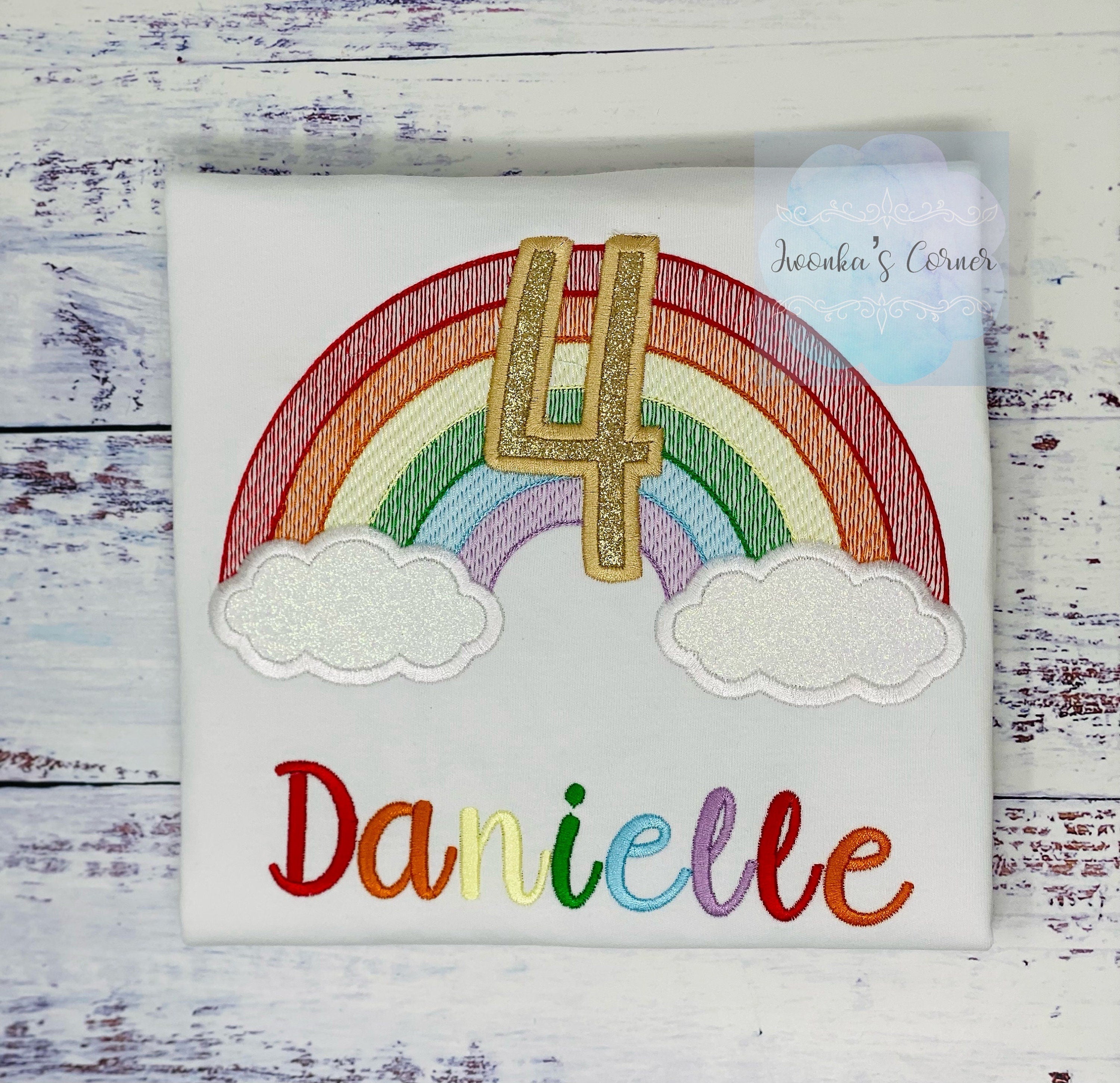4th birthday sketch rainbow embroidery tee for a girl, Rainbow birthday outfit, Over the rainbow party, 6th birthday party rainbow theme