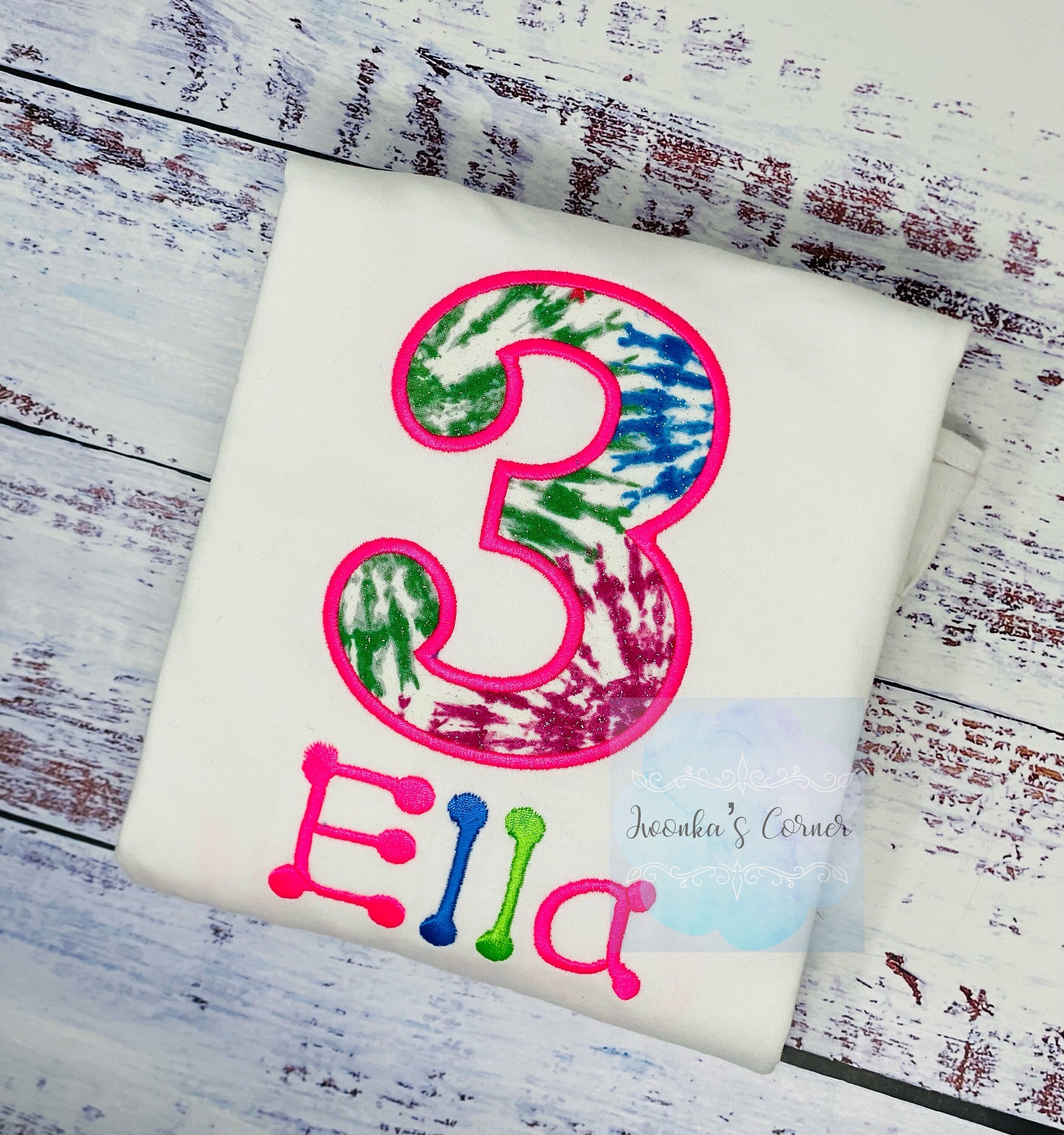 Girl 3rd birthday neon letter painted shirt, Number 3 shirt,