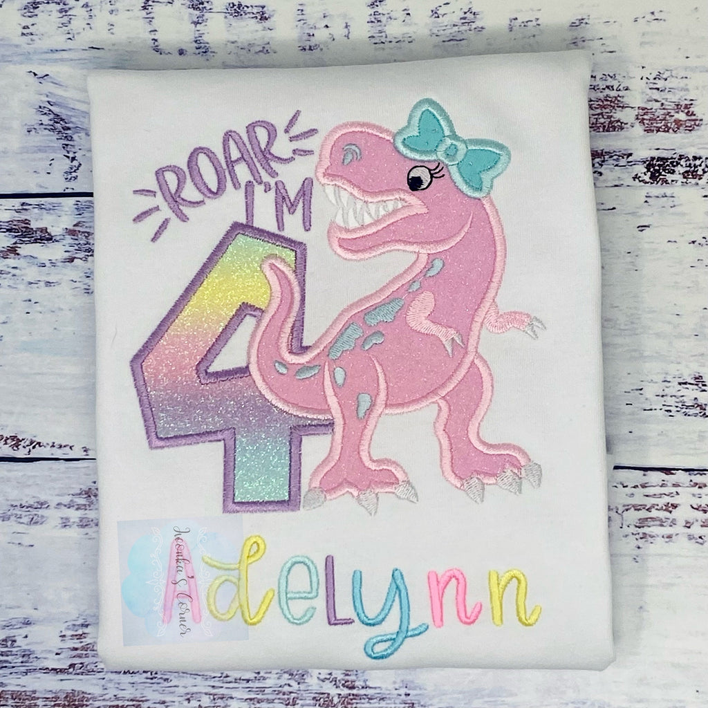 Girl 4th birthday T Rex embroidery shirt, Dinosaur themed shirt, Pink dinosaur embroidery, Dino Customized shirt for Any age