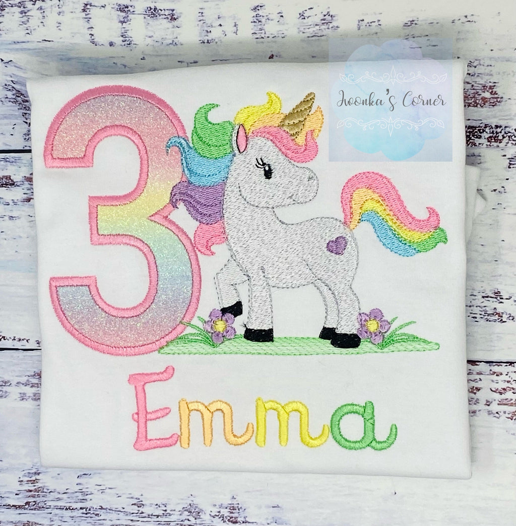 3rd Birthday Pastel Filled Stitch Unicorn Shirt, Girl Rainbow Pastel Unicorn Birthday, Gold Horn Uni Gift, Rainbow Unicorn, Any age