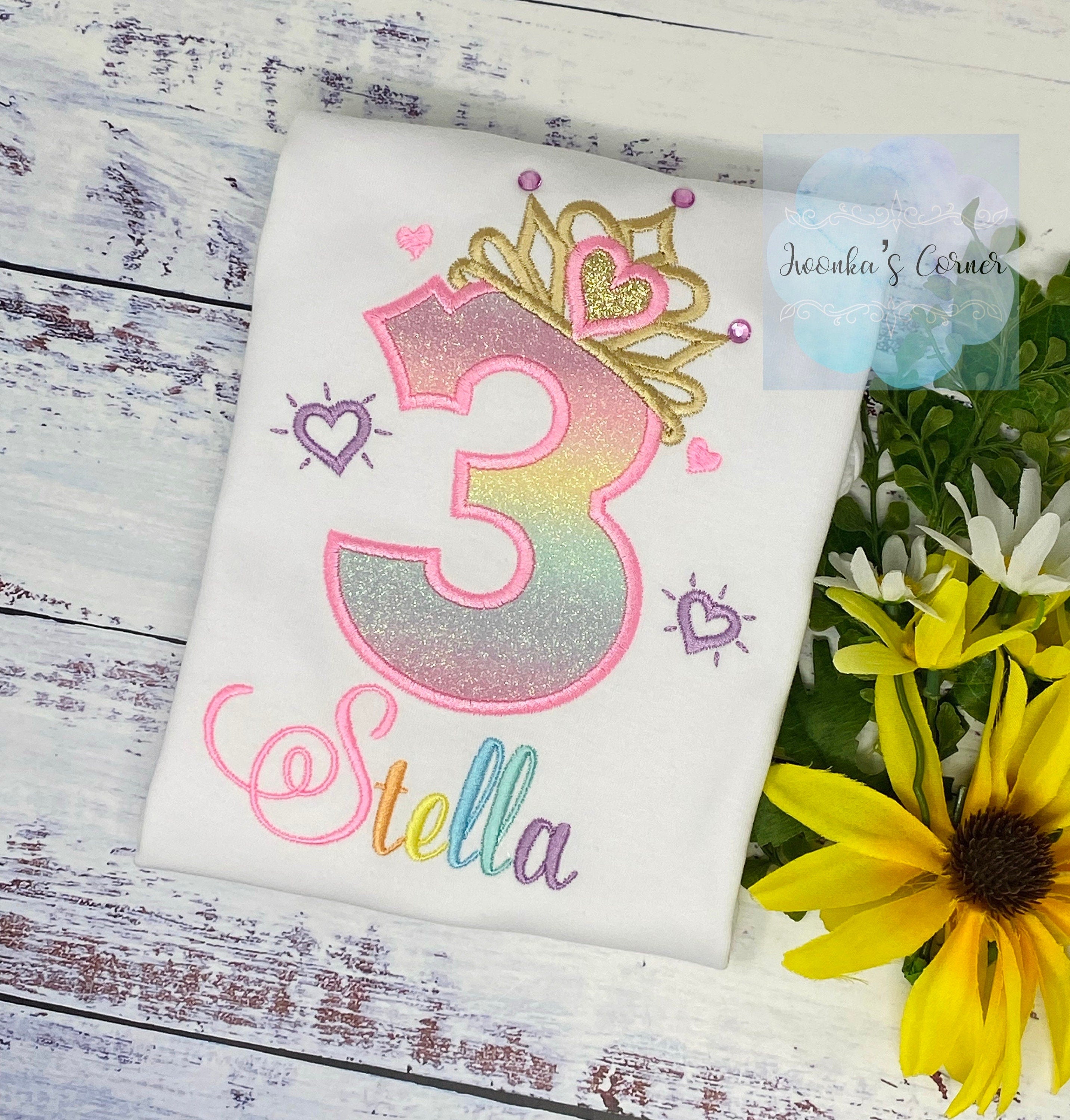 3rd Birthday Shirt for Girl, Rainbow Princess Birthday Shirt, Birthday Number with Crown, Girls rhinestone tiara, Princess Party