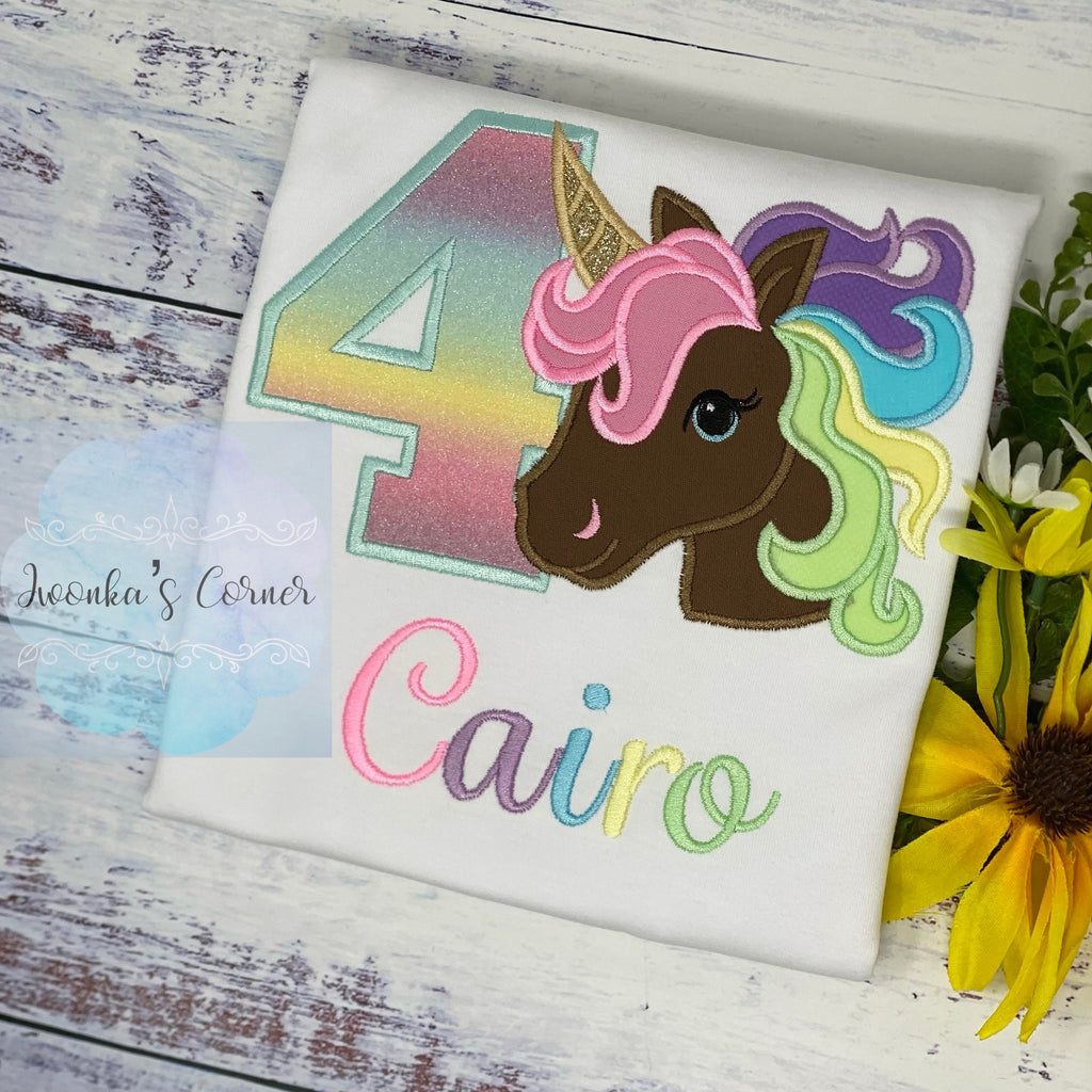 4th Birthday Pastel Unicorn Shirt, Girl Rainbow Pastel Unicorn Birthday, Gold Horn Unicorn , Rainbow Unicorn, Brown uni embroidery