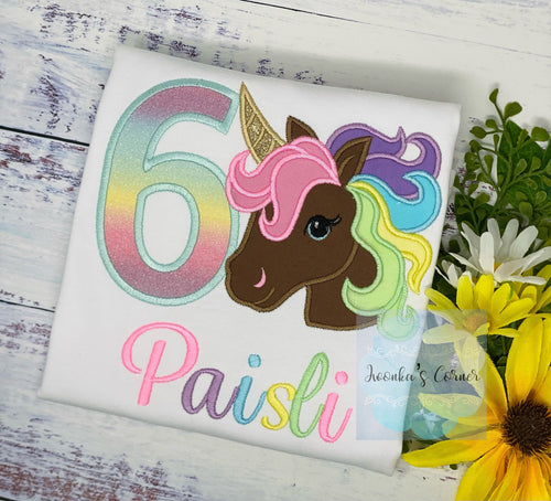 6th Birthday Brown Pastel Unicorn Shirt, Girl Rainbow Pastel Unicorn Birthday, Gold Horn Unicorn , Rainbow Unicorn, Brown uni embroidery
