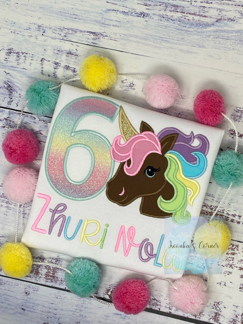 6th Birthday Brown Pastel Unicorn Shirt, Girl Rainbow Pastel Unicorn Birthday, Gold Horn Unicorn , Rainbow Unicorn, Brown uni embroidery