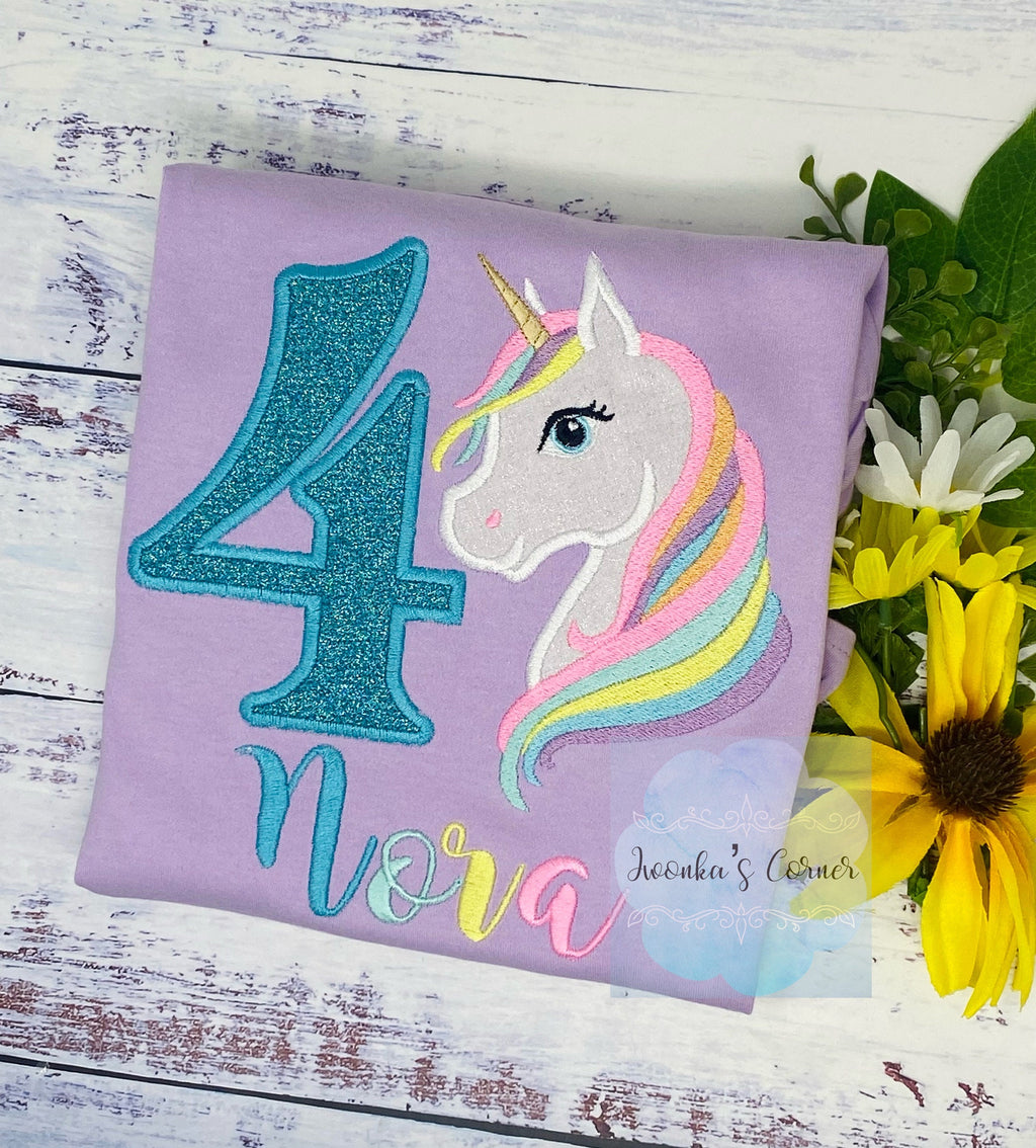 4th Birthday Pastel Unicorn Shirt, Turquoise Rainbow Pastel Unicorn Birthday Outfit, Rainbow Unicorn outfit, Unicorn embroidery, Any age