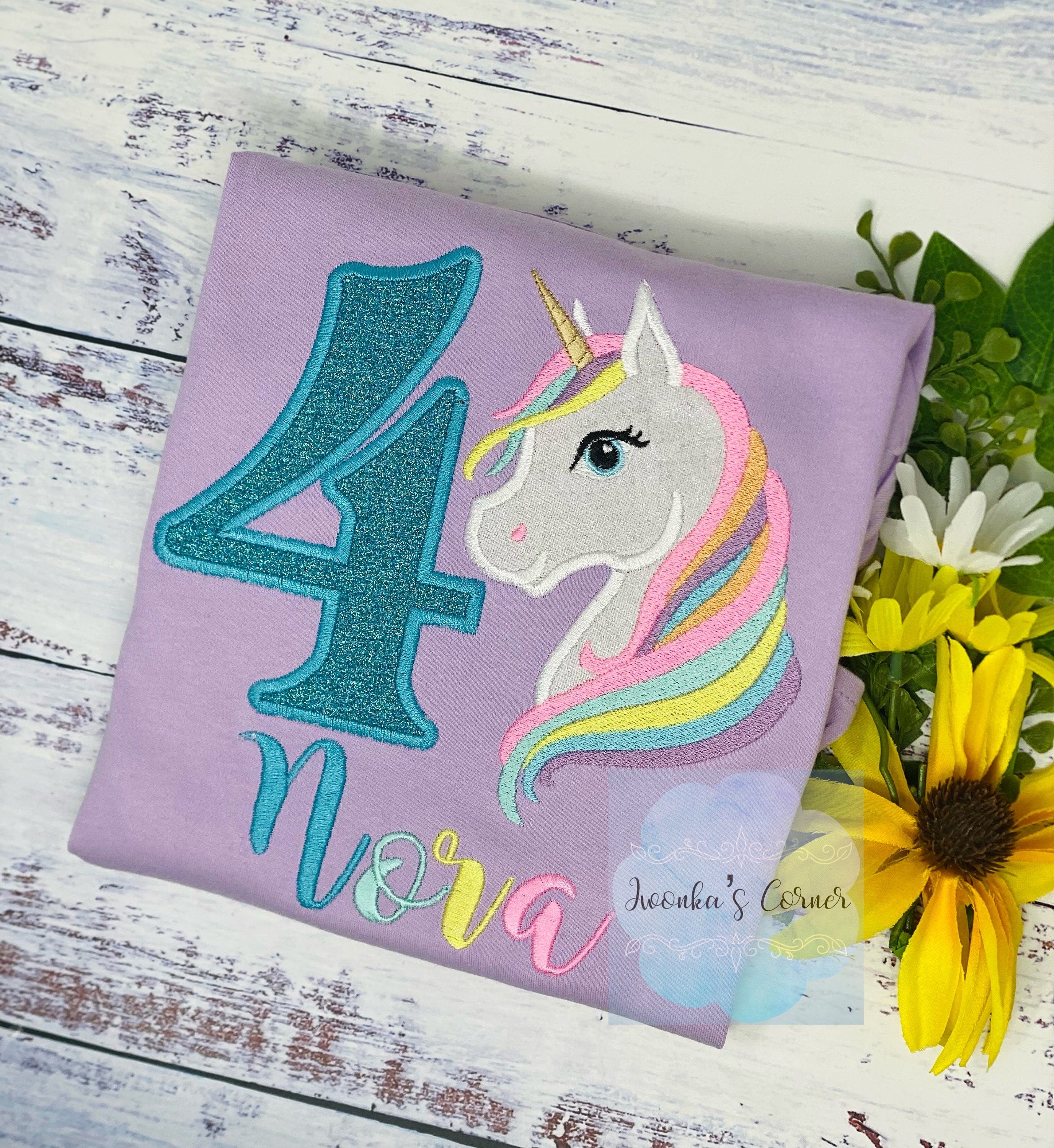 4th Birthday Pastel Unicorn Shirt, Turquoise Rainbow Pastel Unicorn Birthday Outfit, Rainbow Unicorn outfit, Unicorn embroidery, Any age