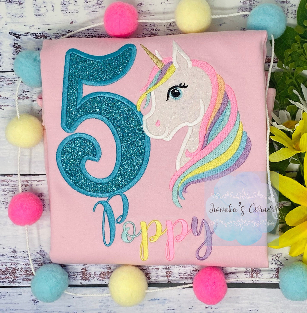 5th Birthday Pastel Unicorn Shirt, Girl Rainbow Pastel Unicorn Birthday, Rainbow Unicorn outfit, Unicorn embroidery, Any age, Turquoise