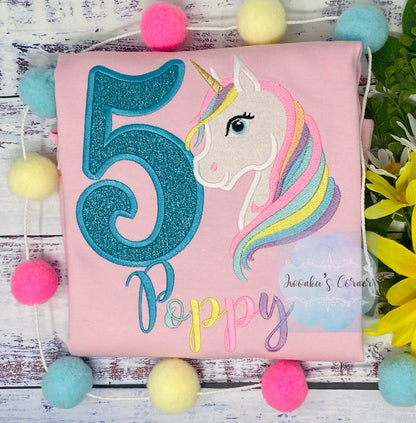 5th Birthday Pastel Unicorn Shirt, Girl Rainbow Pastel Unicorn Birthday, Rainbow Unicorn outfit, Unicorn embroidery, Any age, Turquoise