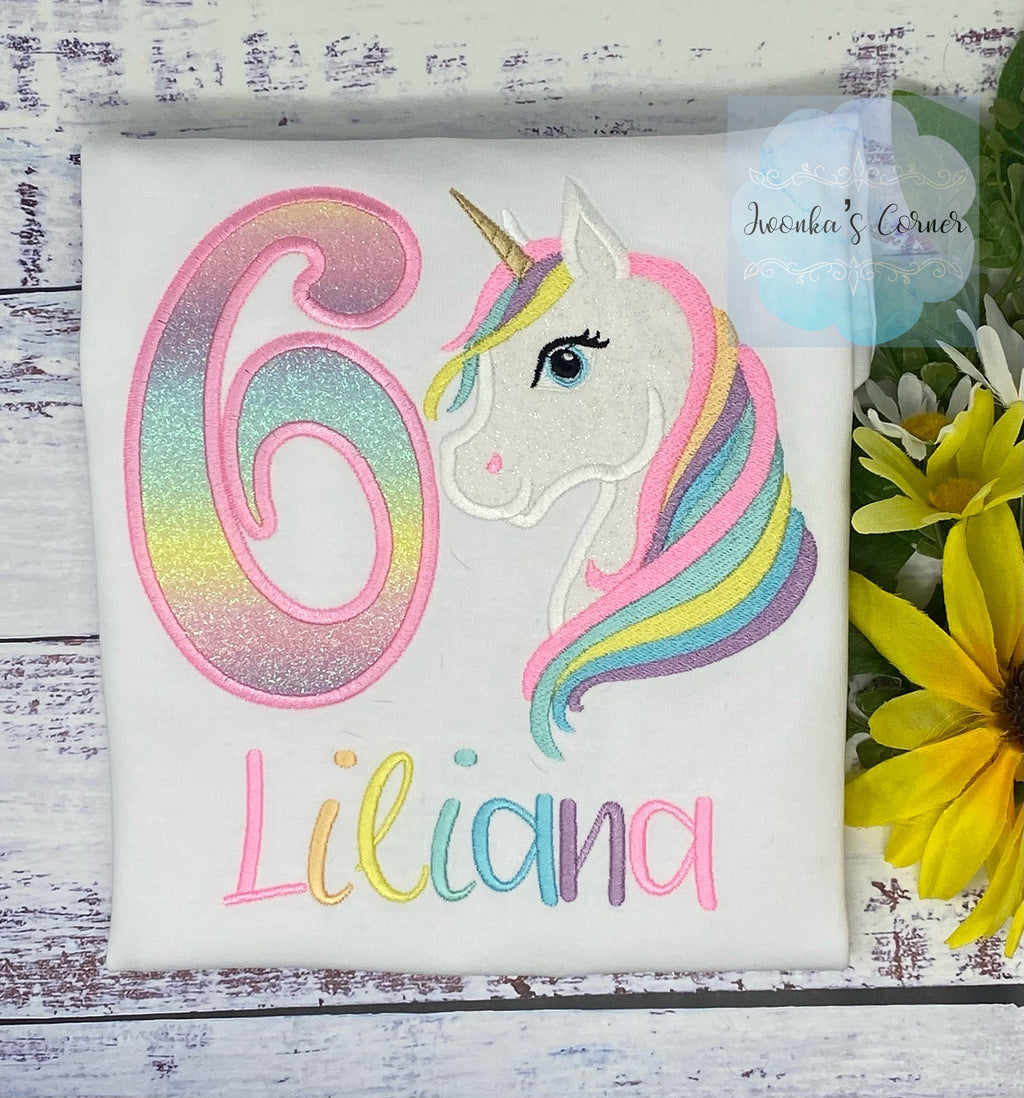 6th Birthday Pastel Unicorn and number Shirt, Girl Rainbow Pastel Unicorn Birthday, Rainbow Unicorn outfit, Unicorn embroidery, Any age