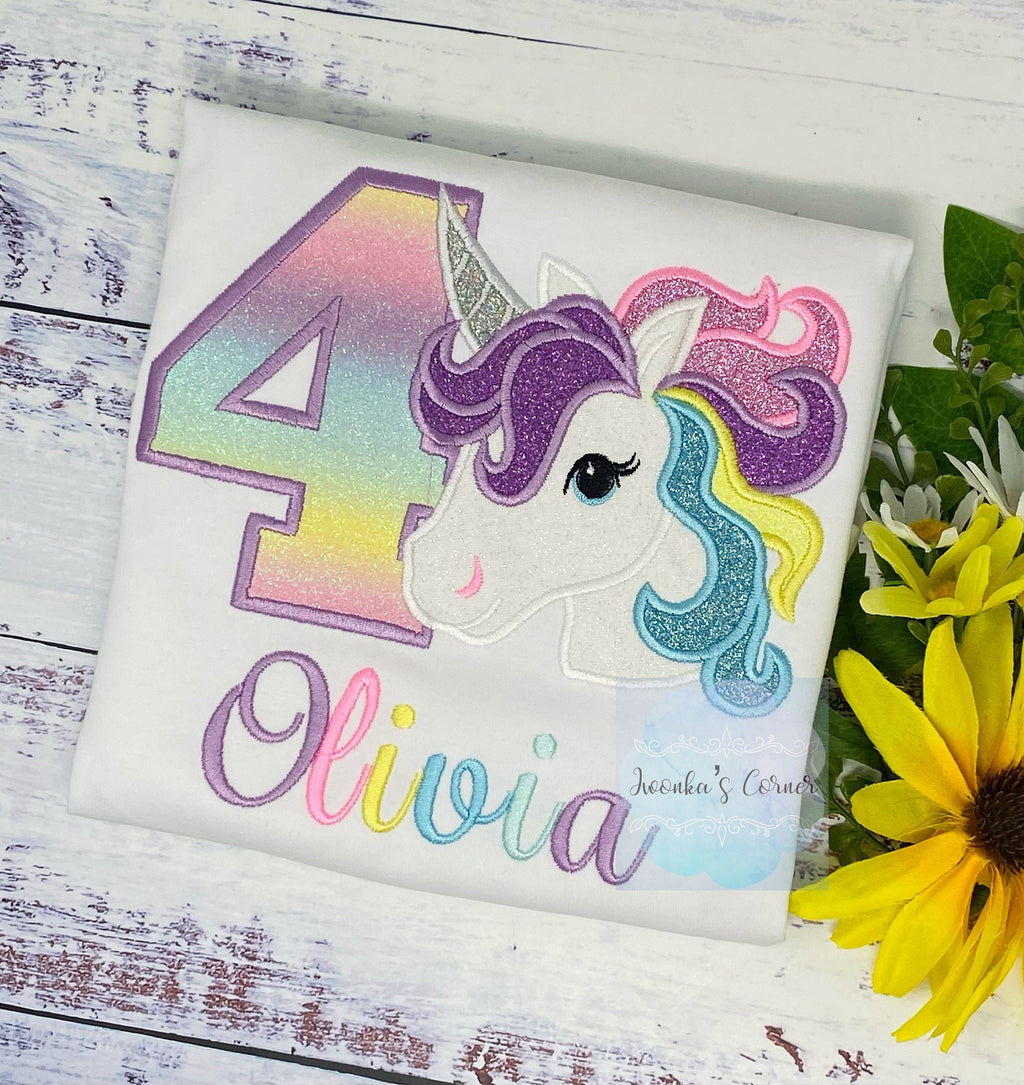 Girl 4th Rainbow Pastel Unicorn Birthday, 6th Birthday Pastel Unicorn Shirt, Unicorn birthday, Rainbow Unicorn, Custom Uni Embroidery